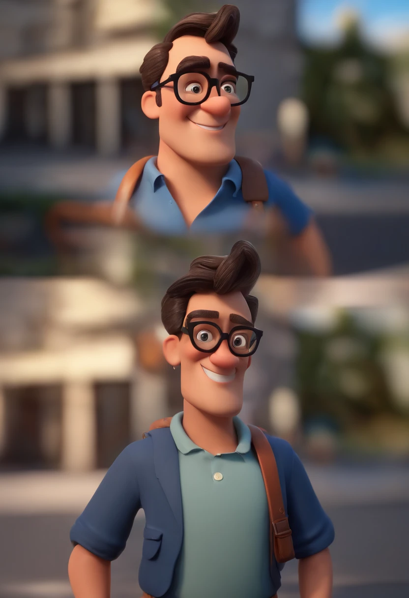 Cartoon character of a man wearing black glasses and a blue shirt, um personagem animado, Caractere estilizado, animation style rendering, 3D estilizado, Arnold Maya render, 3 d render stylized, toon render keyshot, Personagem 3D, Personagem 3D, 3d rendering stylized, 3 d character render, personagem de desenho animado, Personagem de close up, Pose de personagem, (Estilo Pixar) (master part:1.2) (Bokeh) (best quality) (pele detalhada) (textura detalhada) (8k) (argila) (Cinematic lighting) (foco nítido,Senta e vaza a parte superior do corpo