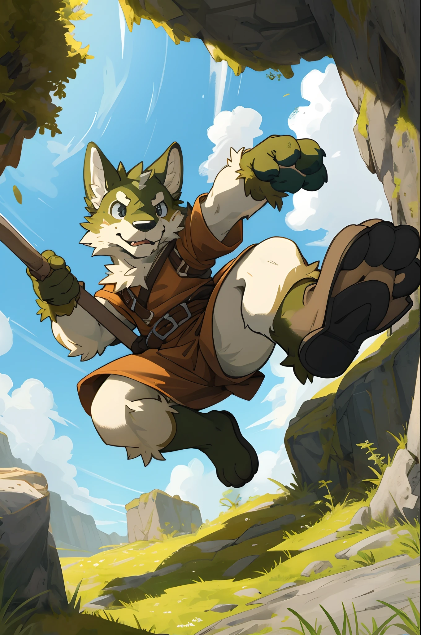 cover_page, highres, absurdres(masterpiece, top quality, best quality)Illustration of an adorable 4-foot-tall character, bearing animal features, detailed fur covering its entire body, with animal paws, ears, tail, and snout, jumping high in the air, viewed from a low angle, wielding a hammer much larger than its own height. The character is in full color, set against a backdrop of a grassland with moss-covered rocks. The character’s facial expression is fierce, depicting the intensity of a battle,