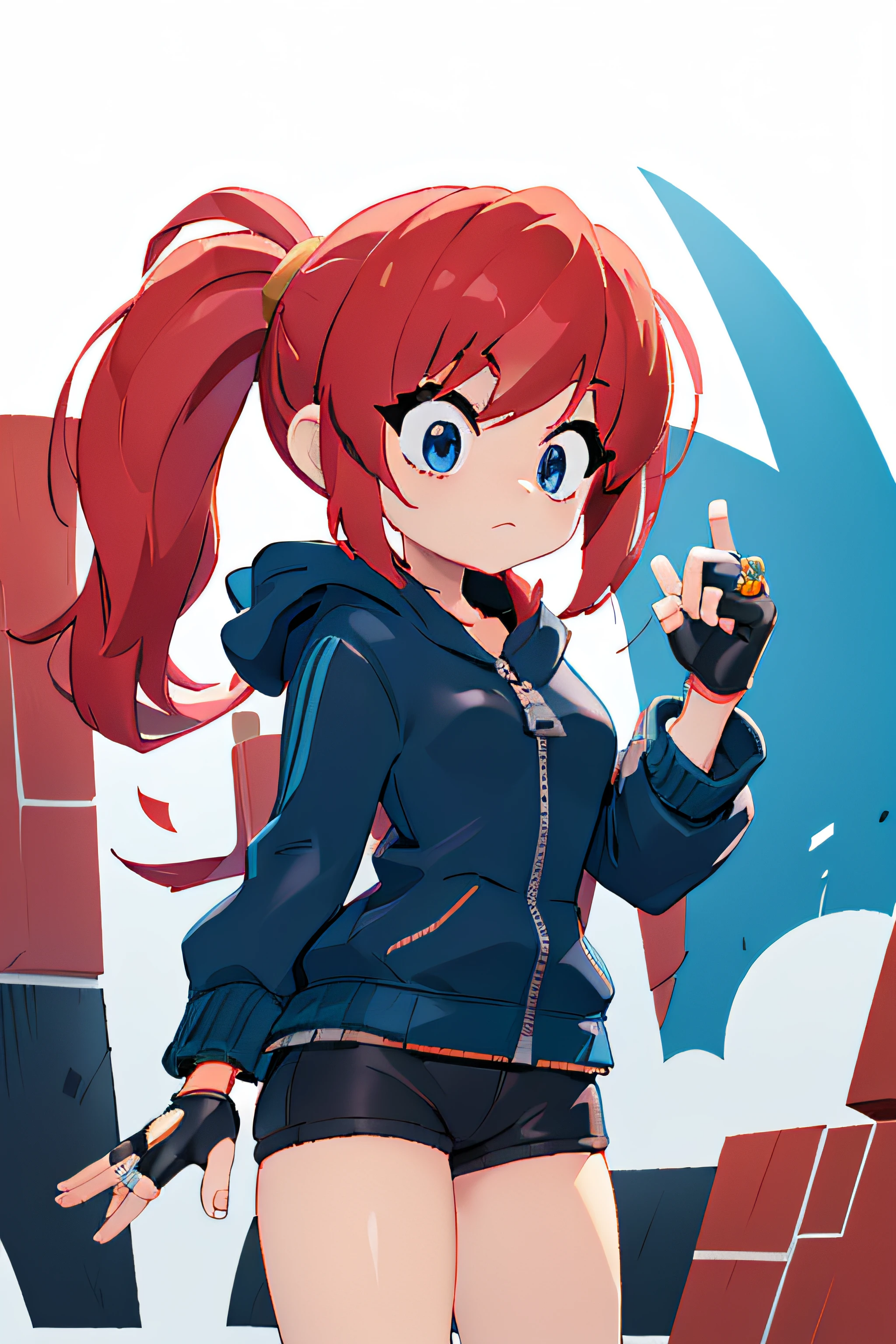 1girl, solo, long hair, blue eyes, gloves, jewelry, closed mouth, jacket, ponytail, red hair, cowboy shot, shorts, black gloves, hood, fingerless gloves, side ponytail, hoodie, black shorts, ring, hood down, bike shorts, zipper