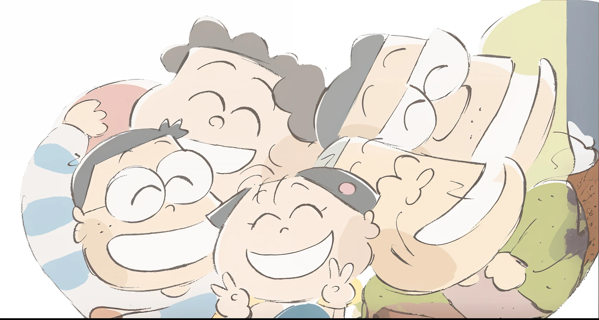 cartoon of a group of people with faces drawn on them, wallpaper!, nichijou, animation still, by Yanagawa Nobusada, official art, japanese animation style, anime cover, japanese animation, animated still, anime still, nighttime!!, nighttime!, animation film still, happy family, by Kamisaka Sekka, official artwork, by Shingei (Pixar Style)