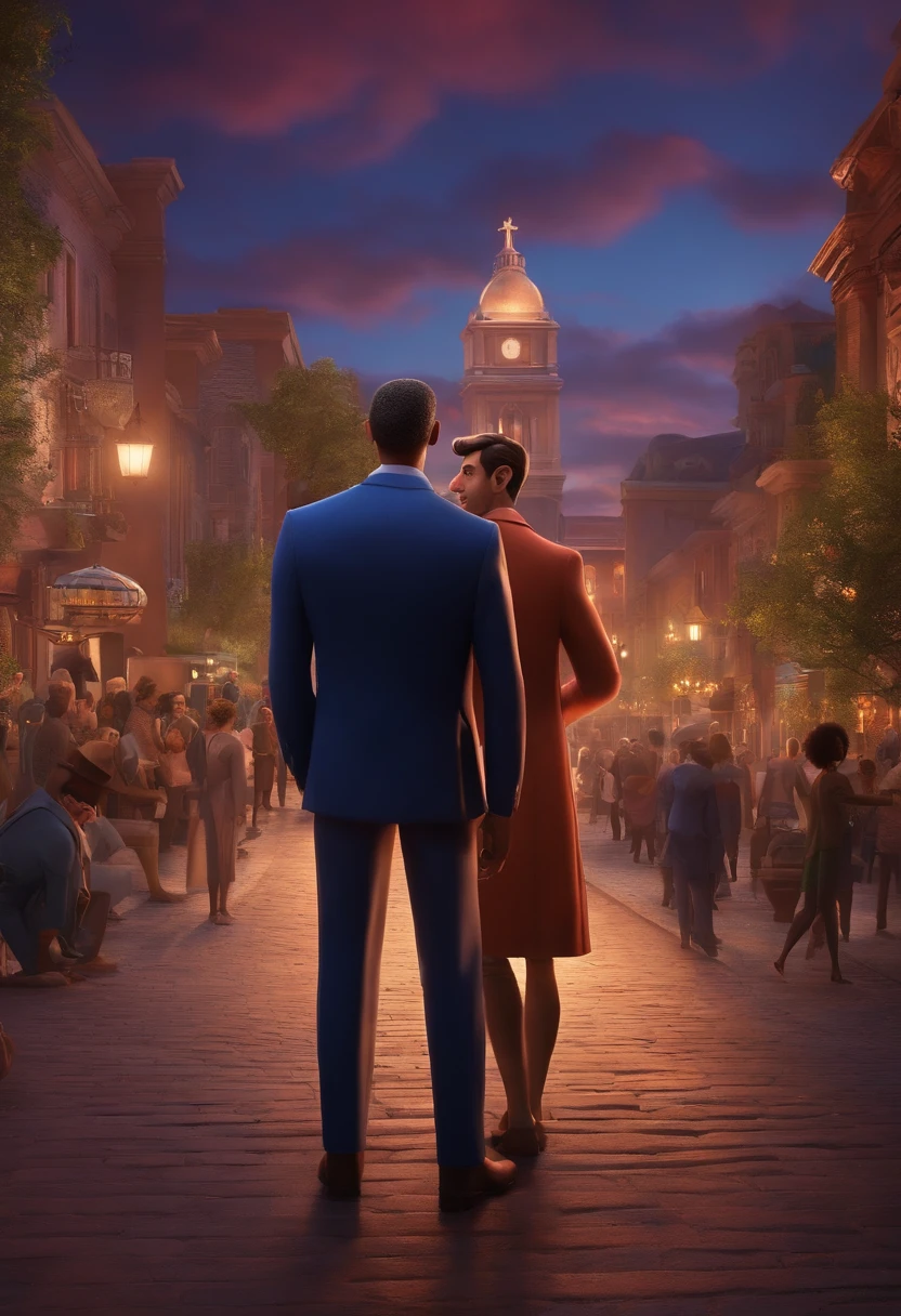 A city councilman looking at a dream project inspired by Pixar animation, de perto. The character takes center stage with captivating facial expressions, oferecendo um toque de irrealidade