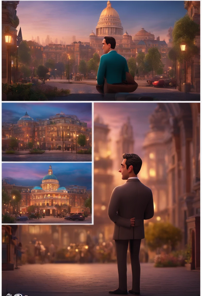 A city councilman looking at a dream project inspired by Pixar animation, de perto. The character takes center stage with captivating facial expressions, oferecendo um toque de irrealidade