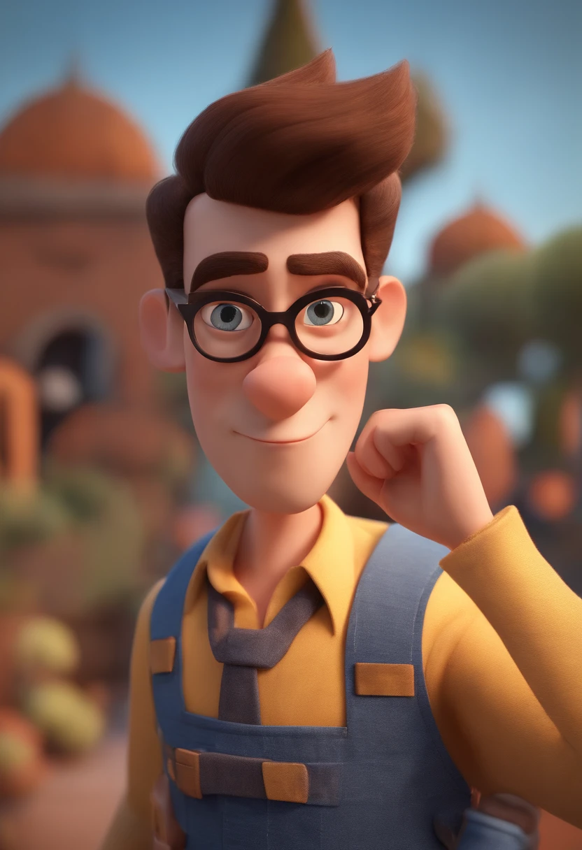 Cartoon character of a man wearing black glasses and a blue shirt, um personagem animado, Caractere estilizado, animation style rendering, 3D estilizado, Arnold Maya render, 3 d render stylized, toon render keyshot, Personagem 3D, Personagem 3D, 3d rendering stylized, 3 d character render, personagem de desenho animado, Personagem de close up, Pose de personagem, (Estilo Pixar) (master part:1.2) (Bokeh) (best quality) (pele detalhada) (textura detalhada) (8k) (argila) (Cinematic lighting) (foco nítido,Senta e vaza a parte superior do corpo