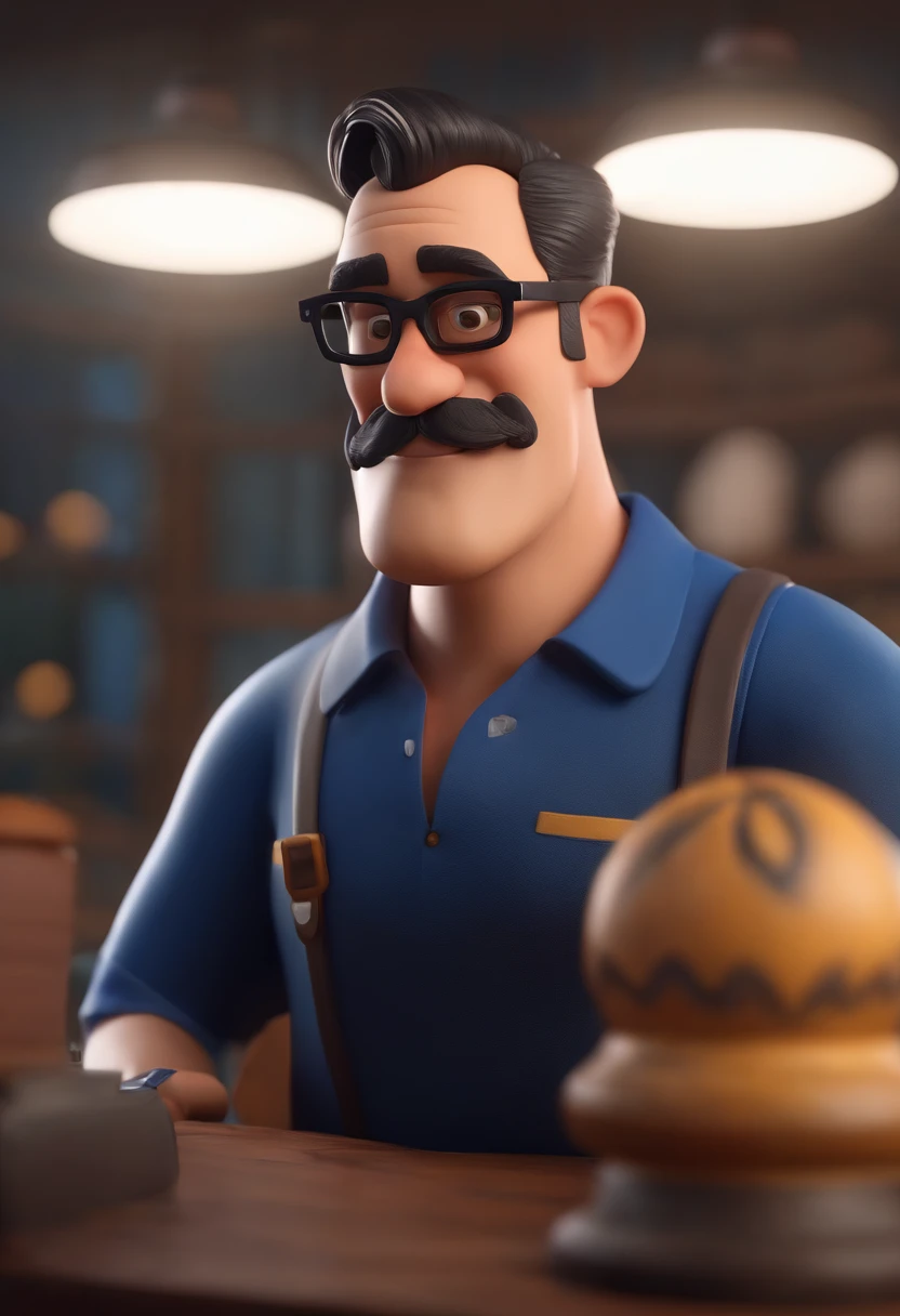 Cartoon character of a man wearing black glasses and a blue shirt, um personagem animado, Caractere estilizado, animation style rendering, 3D estilizado, Arnold Maya render, 3 d render stylized, toon render keyshot, Personagem 3D, Personagem 3D, 3d rendering stylized, 3 d character render, personagem de desenho animado, Personagem de close up, Pose de personagem, (Estilo Pixar) (master part:1.2) (Bokeh) (best quality) (pele detalhada) (textura detalhada) (8k) (argila) (Cinematic lighting) (foco nítido,Senta e vaza a parte superior do corpo