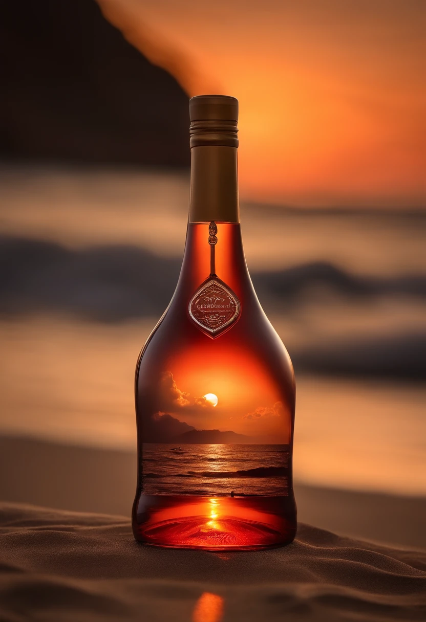 Change this bottle background to a dune. sunset, professional product photography