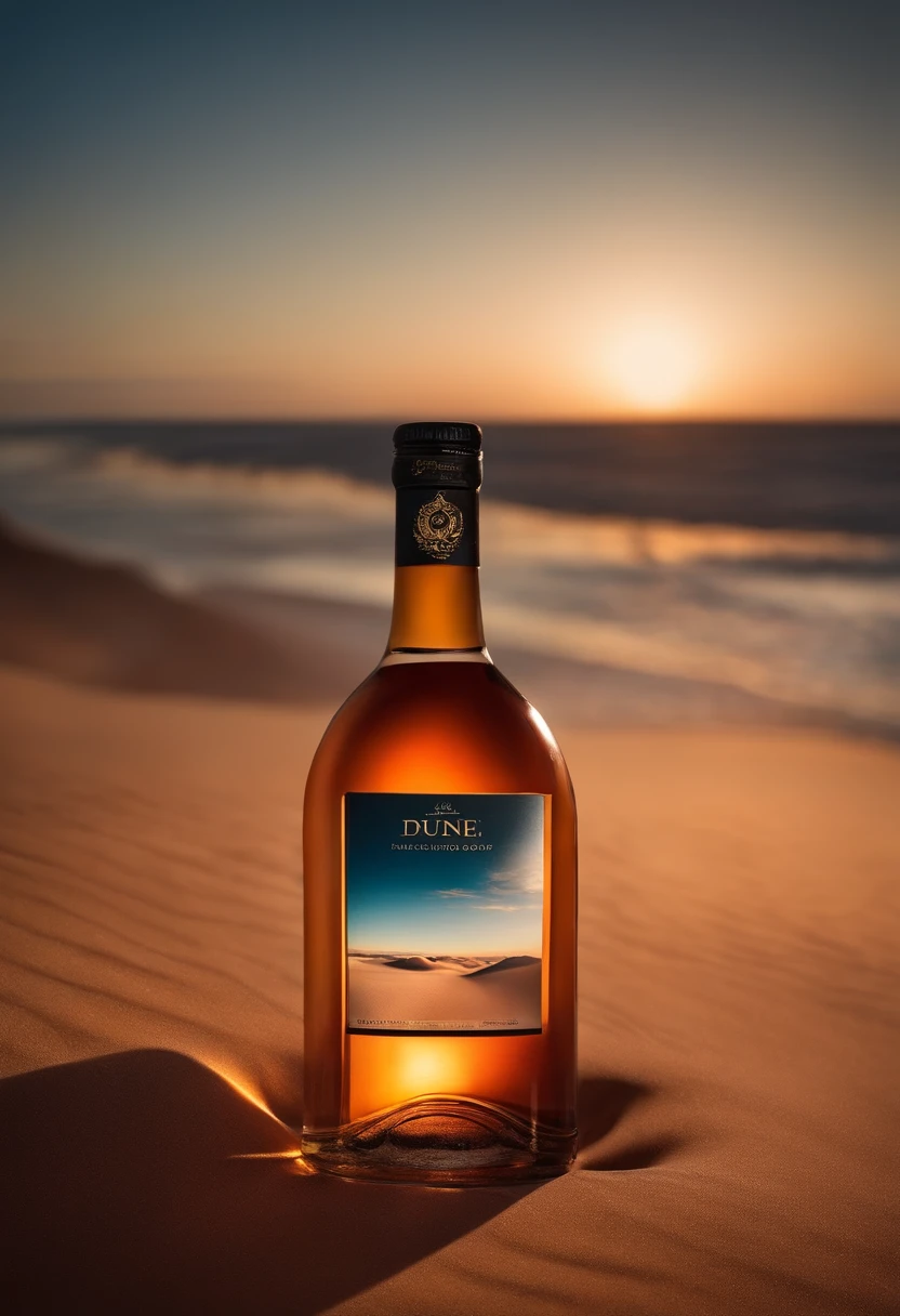 Change this bottle background to a dune. sunset, professional product photography