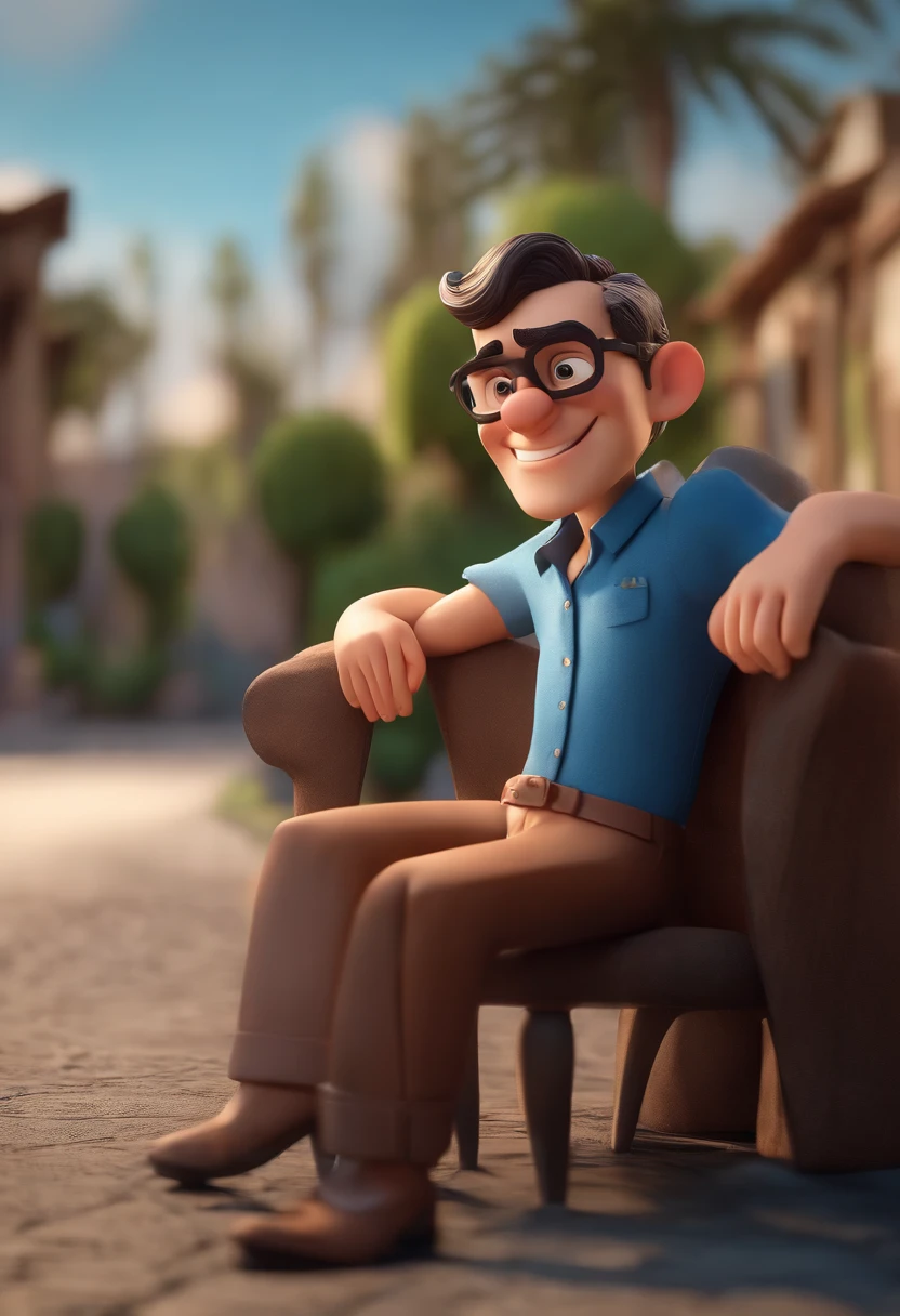 Cartoon character of a man wearing black glasses and a blue shirt, um personagem animado, Caractere estilizado, animation style rendering, 3D estilizado, Arnold Maya render, 3 d render stylized, toon render keyshot, Personagem 3D, Personagem 3D, 3d rendering stylized, 3 d character render, personagem de desenho animado, Personagem de close up, Pose de personagem, (Estilo Pixar) (master part:1.2) (Bokeh) (best quality) (pele detalhada) (textura detalhada) (8k) (argila) (Cinematic lighting) (foco nítido，Senta e vaza a parte superior do corpo