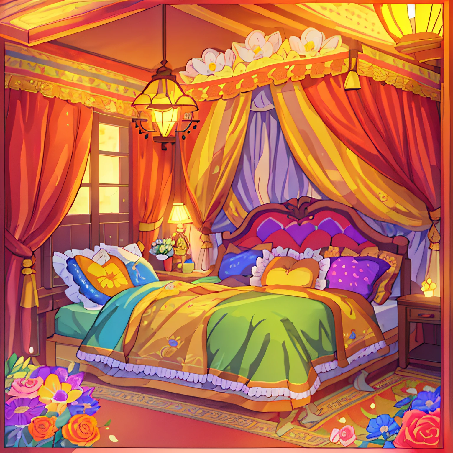 (higher resolution), a cute bed room, cushions, flowers, lamps, opened windows, decorations, (colorful), (high detail), outline