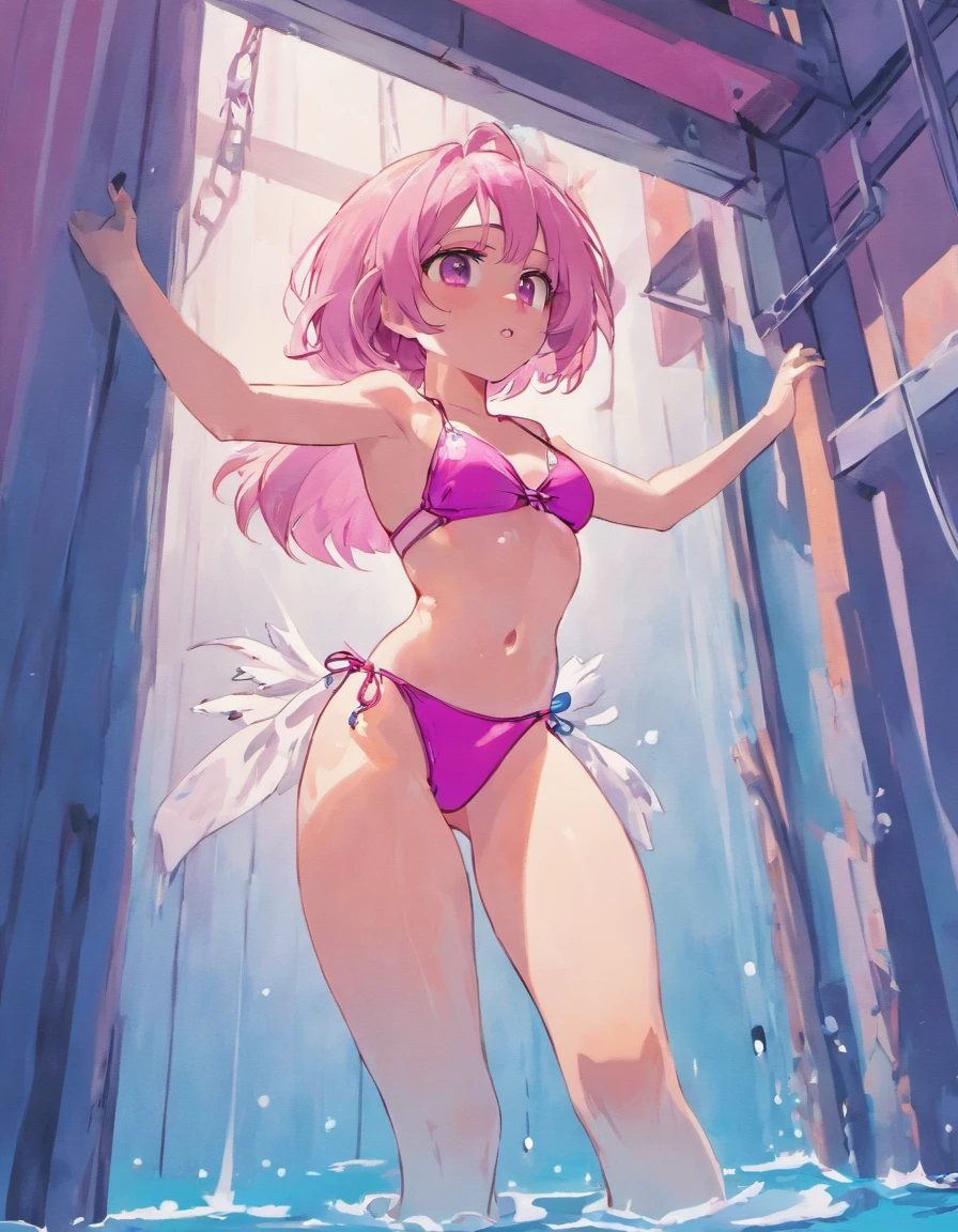 Amy rose in a pink bikini falling  into a dunk tank