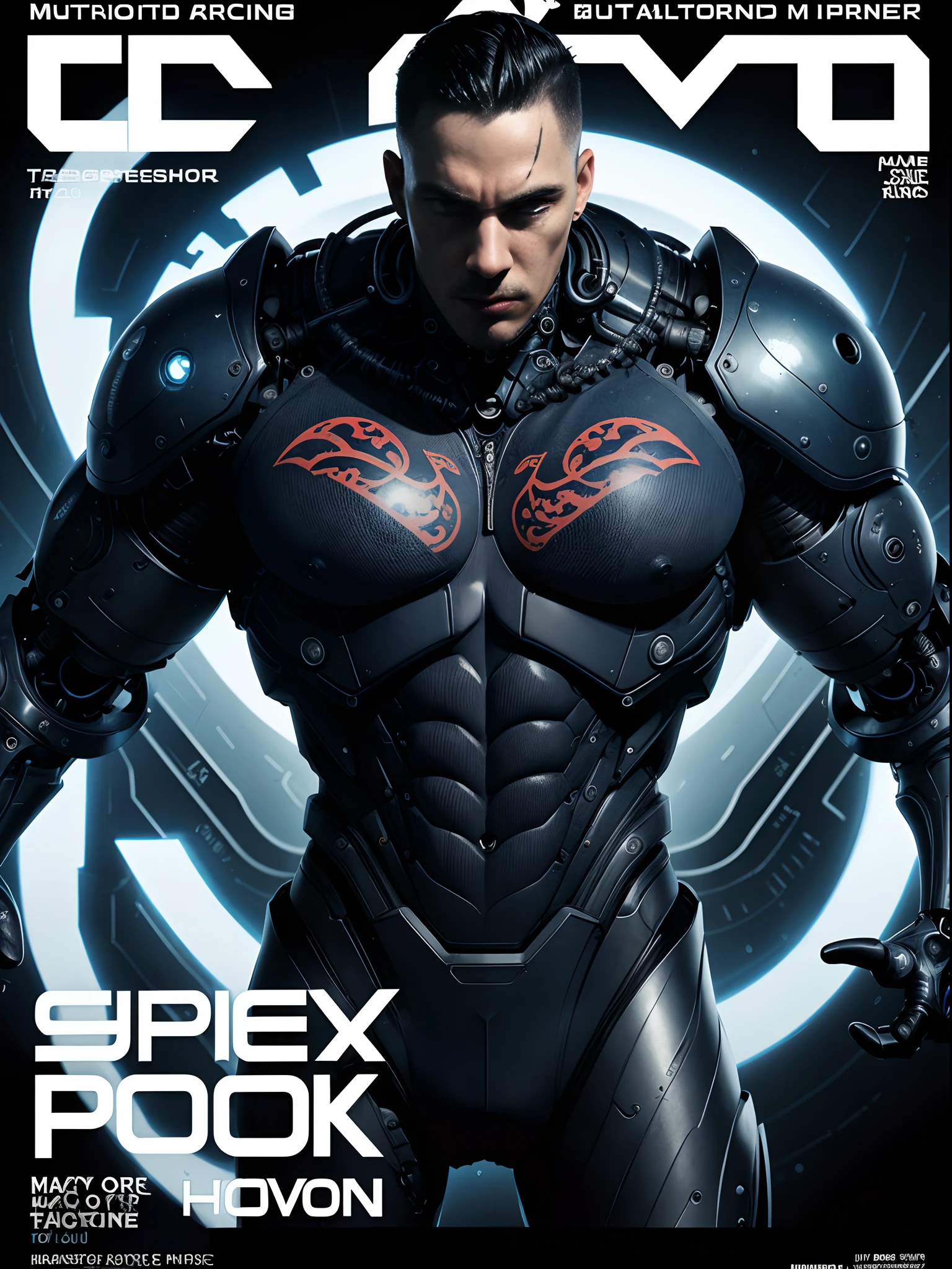 (male) Super cyborg, magazine cover, poster art , Lovecraftian horror tattoos, hint of navy, bold huge text, matted design layout, strong, bold inking techniques