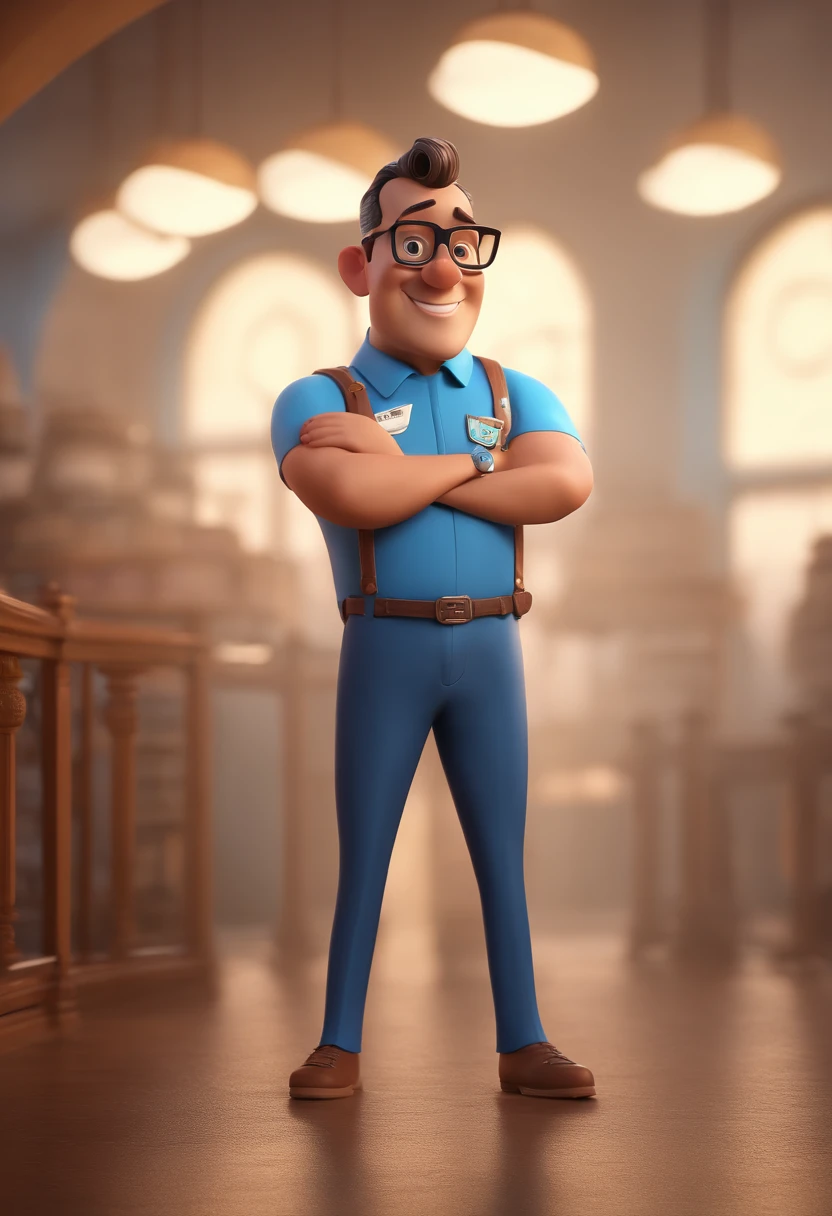 Cartoon character of a man with black glasses and a blue shirt, animation character, Caractere estilizado, animation style rendering, 3D estilizado, Arnold Maya render, 3 d render stylized, toon render keyshot, Personagem 3D, Personagem 3D, 3d rendering stylized, 3 d character render, personagem de desenho animado, Personagem de close up, Pose de personagem,  (Estilo Pixar) (master part:1.2) (Bokeh) (best quality) (pele detalhada) (textura detalhada) (8k) (argila) (Cinematic lighting) (foco nítido