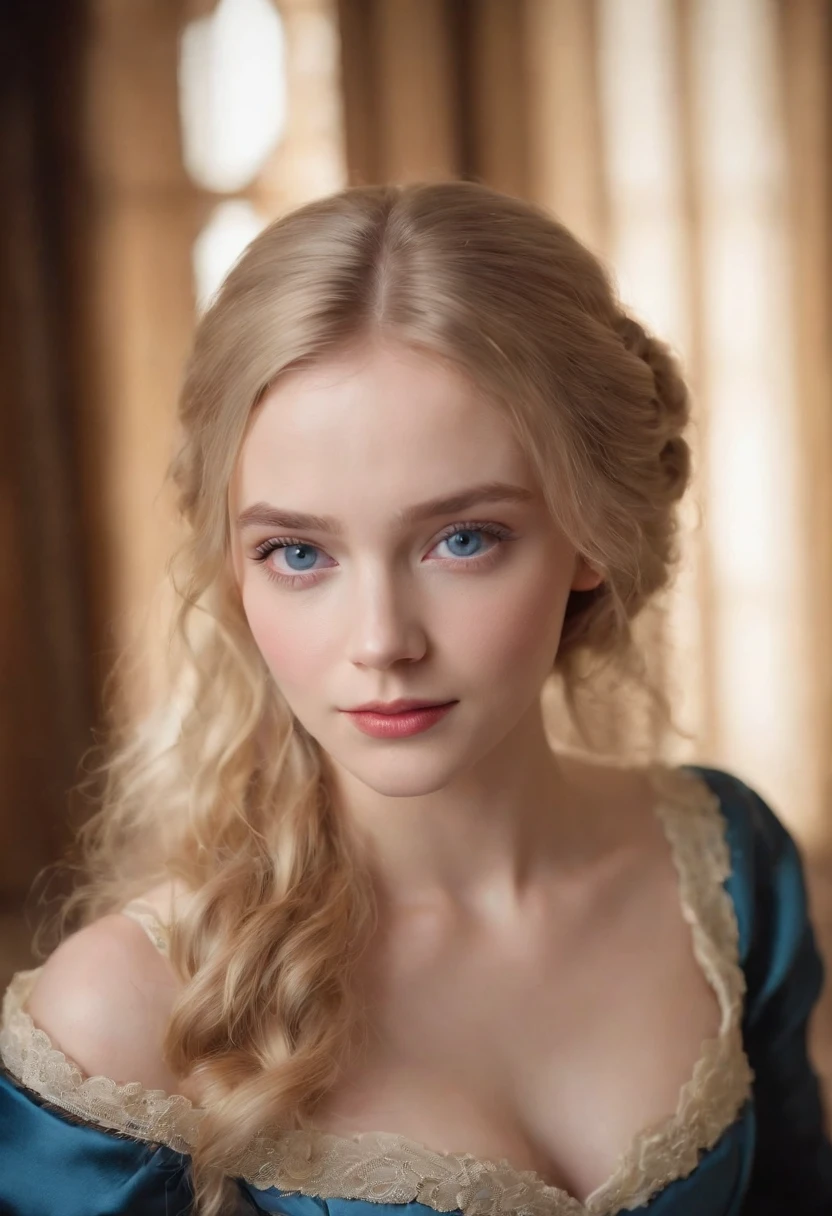fair complexion, woman around 19 years old, natural blonde hair, distinctive blue eyes, wearing tutor era gown, slender and graceful, beautiful, candlelight in a 17th century setting, ultra sharp focus, realistic shot, tutor female clothes, tetradic colors (scar:1.4)
