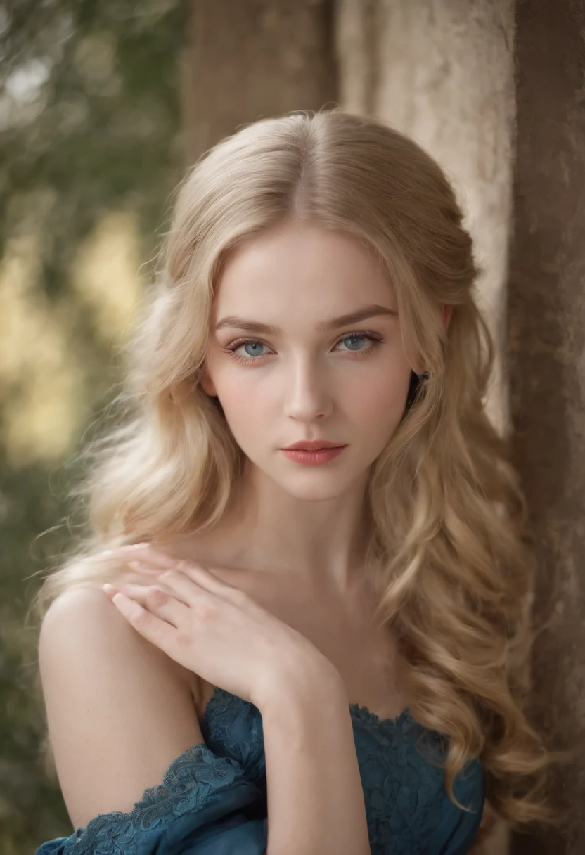 fair complexion, woman around 19 years old, natural blonde hair, distinctive blue eyes, wearing tutor era gown, slender and graceful, beautiful, candlelight in a 17th century setting, ultra sharp focus, realistic shot, tutor female clothes, tetradic colors (scar:1.4)