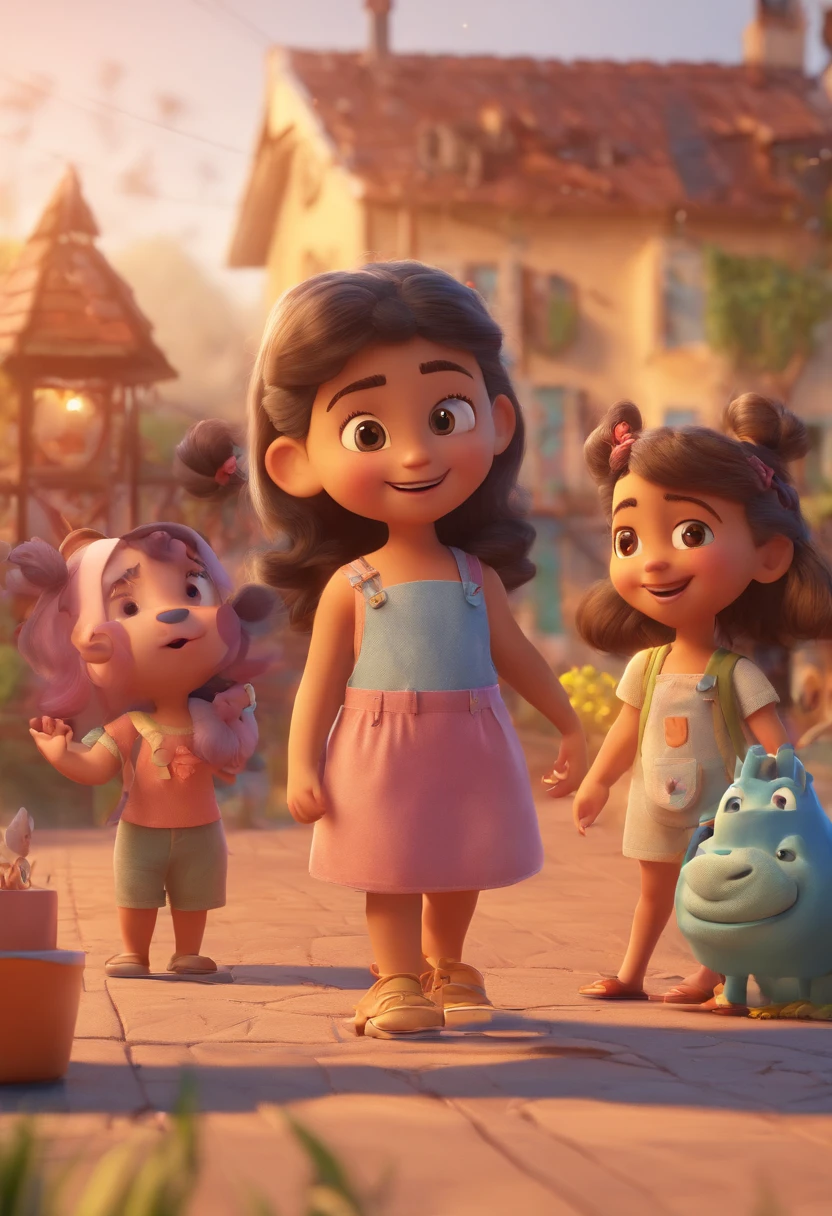 Estilo Pixar: Familia, Um pai, A mother and two girls. Uma de 6 anos e outro de 2 anos . Uma fazenda com vacas lindas e marrom .
