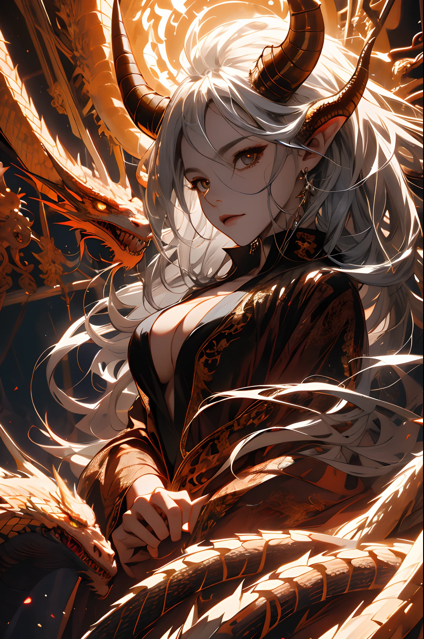(((tmasterpiece,best qualtiy))),8K,((Complicated details)),Natural breasts,Chiaroscuro,Striped hair,Silver hair,Very long hair,Floating hair,((Dragon horns)),(Pupil of the slit),(Fox ears),Anatomically correct,(Full body photo),angle of view