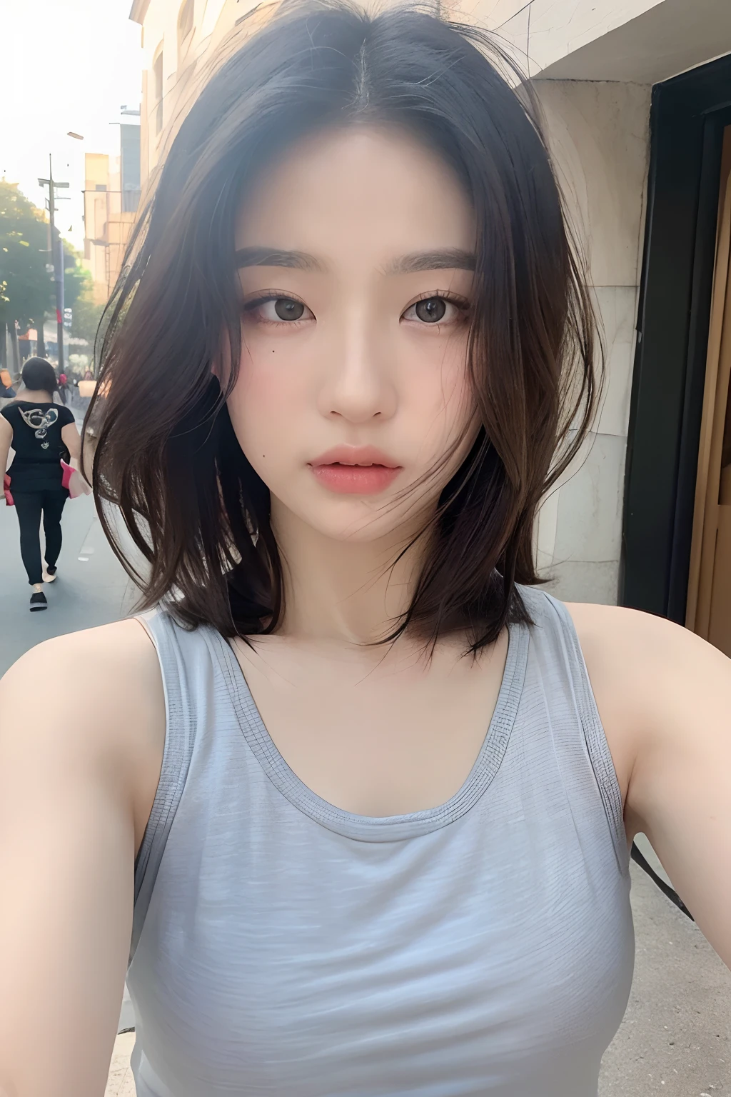 ((Best quality, 8k, Masterpiece :1.3)), Sharp focus: 1.2, Perfect Body Beauty: 1.4, Slim Abs: 1.2, ((Layered hairstyle: 1.2)), (Tank top shirt:1.1), (Street: 1.2), Highly detailed face and skin texture, Fine eyes, Double eyelids