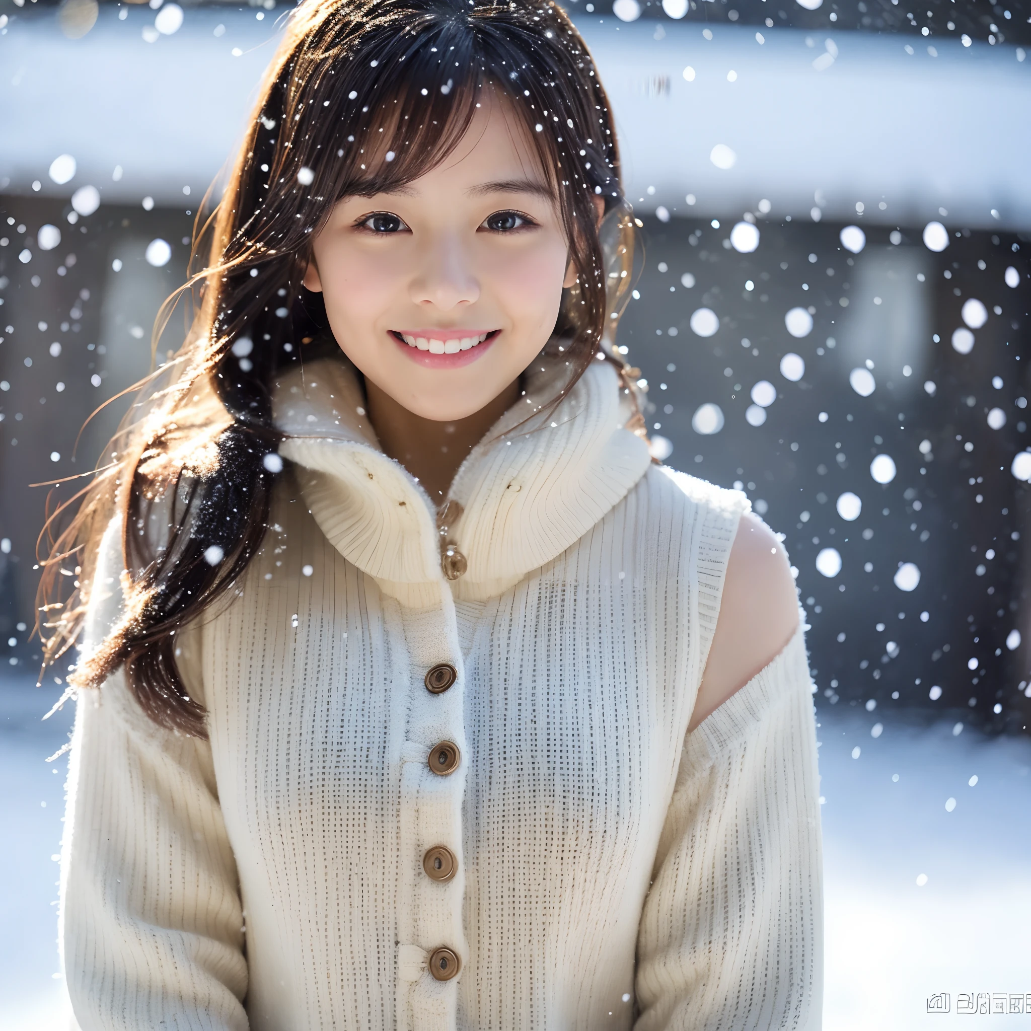 breasts are small.Girl face.lightsmile。vests.Sweaters.Winters、It's snowing.tits out