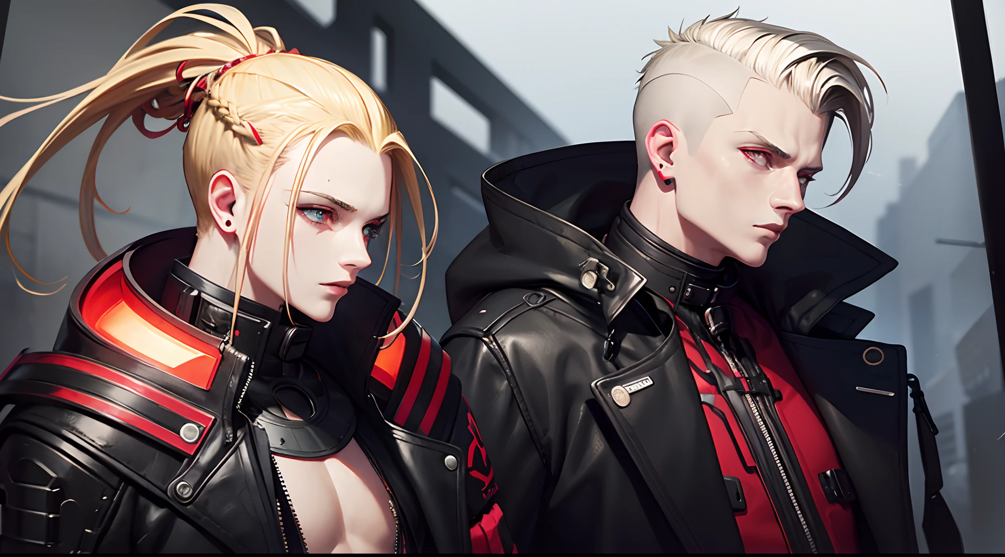 Blonde dreads, shaved hair on the sides, black overcoat with high collar and neon red details, Post-apocalyptic futuristic