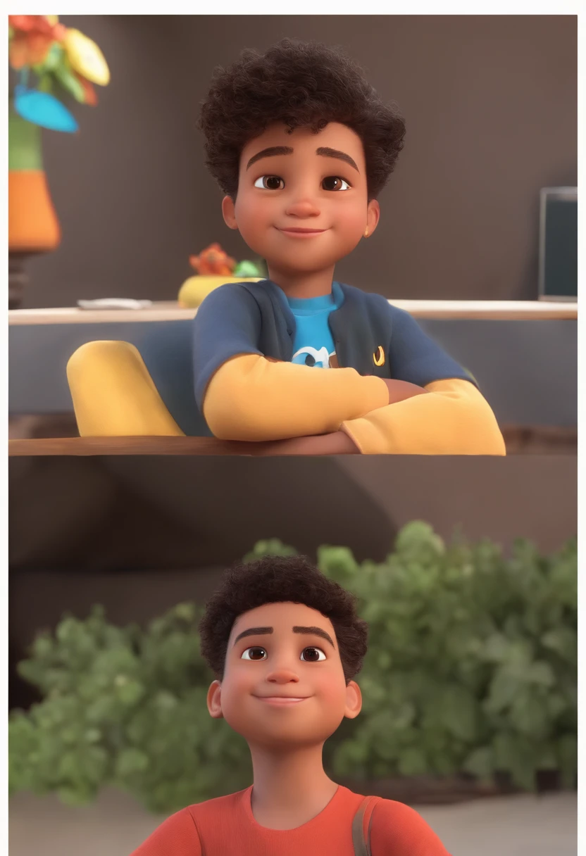 Image of a boy for a story in a YouTube video in Pixar format, He's the little allabester, He's the class leader, He's outgoing, Playful and gets up for a lot of things, cabelo curto