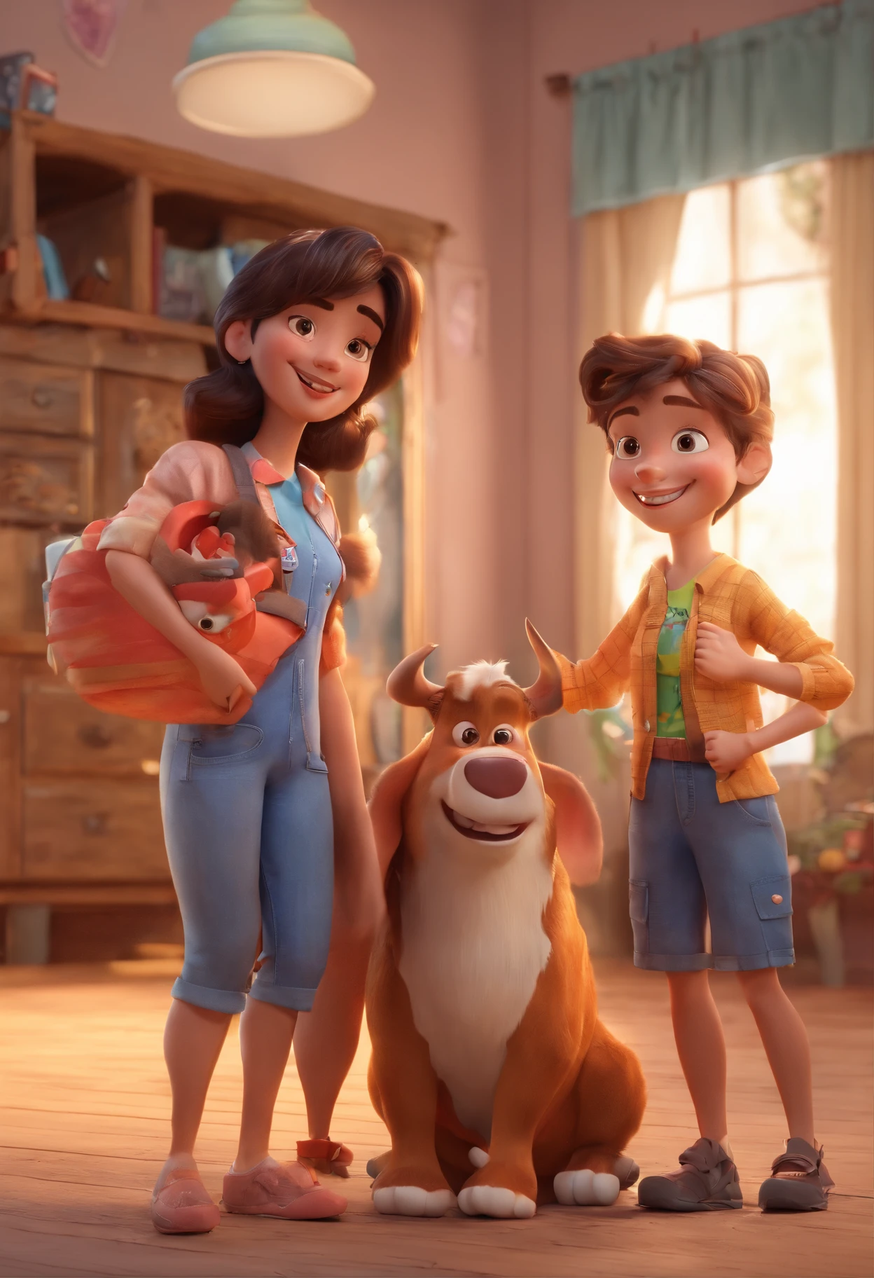 Estilo Pixar: Familia, Um pai, A mother and two girls. Uma de 6 anos e outro de 2 anos . Uma fazenda com vacas lindas e marrom .