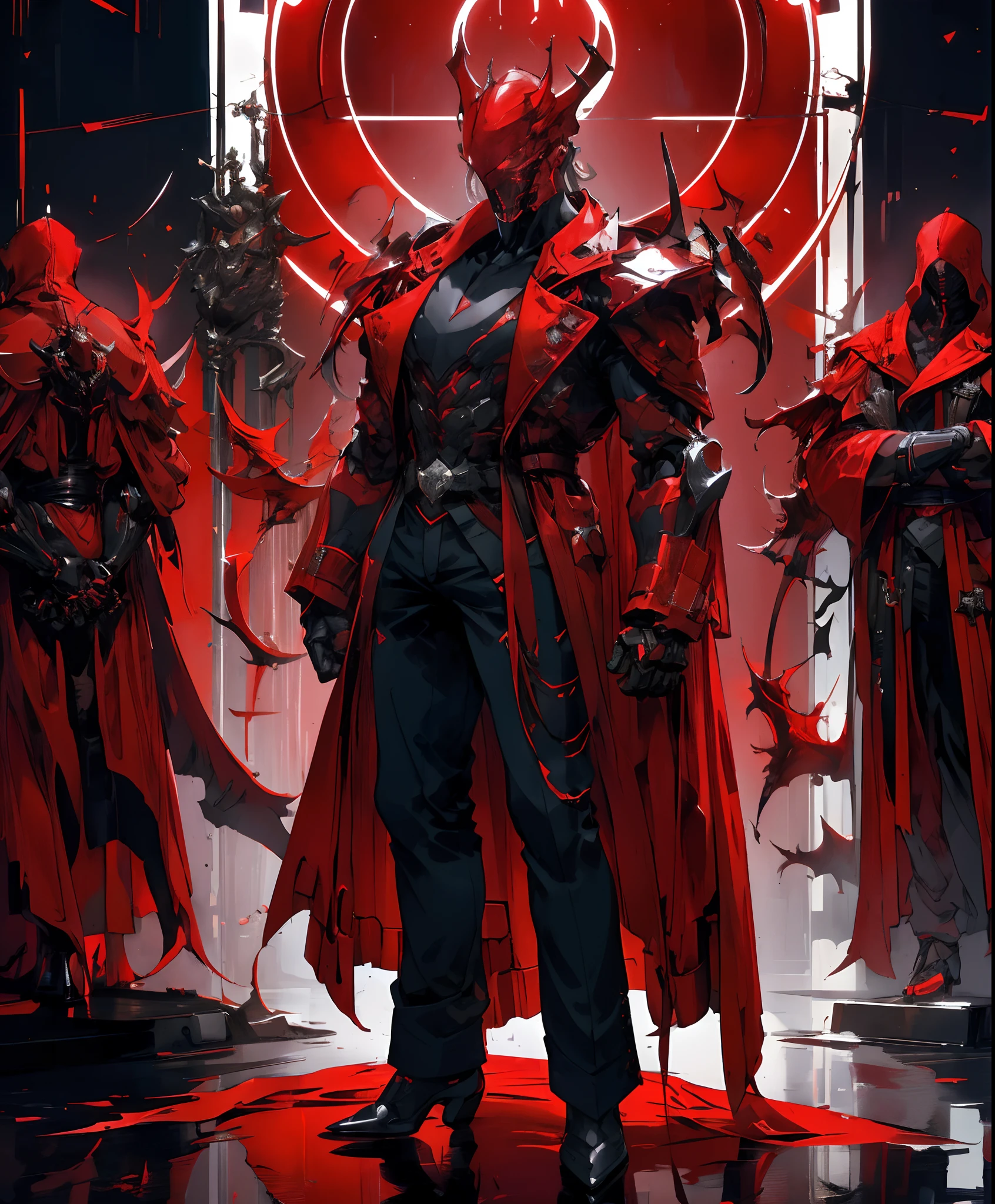 a man in a red jacket and black pants standing in a dark room, wearing cultist red robe, crimson attire, character from mortal kombat, as a character in tekken, fighting game character, cyberpunk assassin, red hooded mage, cyberpunk outfits, crimson clothes, the red ninja, wearing leather assassin armor, an edgy  assassin, cool red jacket, cyberpunk street goon