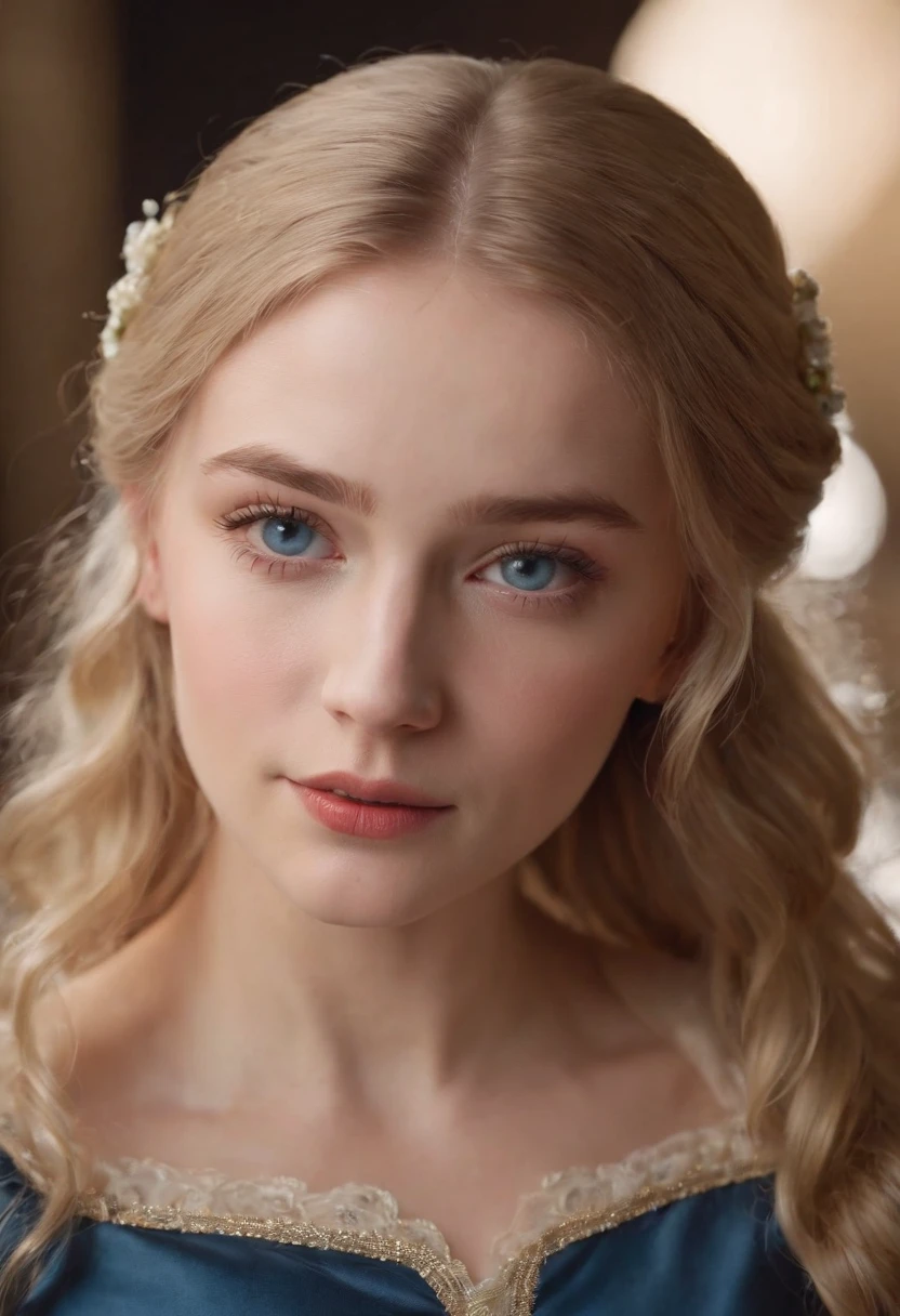 fair complexion, woman around 19 years old, natural blonde hair, distinctive blue eyes, wearing tutor era gown, slender and graceful, beautiful, candlelight in a 17th century setting, ultra sharp focus, realistic shot, tutor female clothes, tetradic colors (scar:1.4)