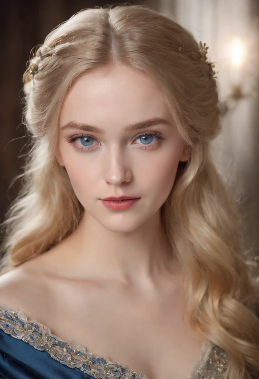fair complexion, woman around 19 years old, natural blonde hair, distinctive blue eyes, wearing tutor era gown, slender and graceful, beautiful, candlelight in a 17th century setting, ultra sharp focus, realistic shot, tutor female clothes, tetradic colors (scar:1.4)