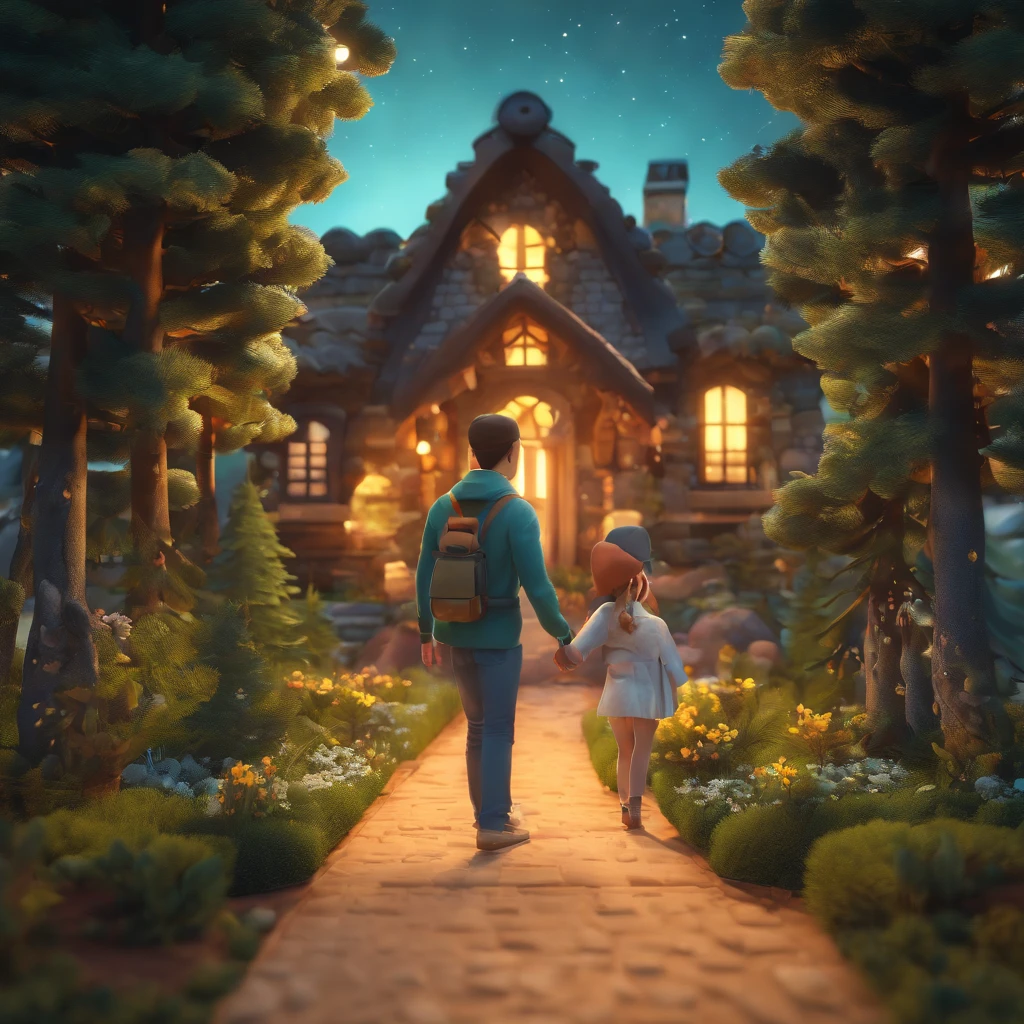 Masterpiece level, amazing style, Amor profundo entre pai e filha, tiro elevado, A casa fica do lado esquerdo do quadro, The backdrop is night, azul escuro, Starry sky, very elastic and creative, father wearing white vest and black pants smiling, hands Take the , A menina tem preto bonito, A grama e os vagalumes cobrem a parte inferior da imagem, and the tall pines on the right form a forest.