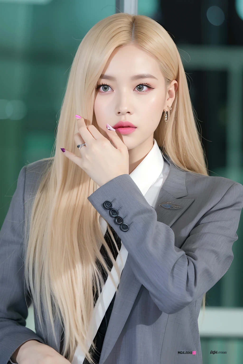 araffe woman with long blonde hair wearing a gray suit and white shirt, portrait of jossi of blackpink, roseanne park of blackpink, jossi of blackpink, portrait jisoo blackpink, portrait of female korean idol, jisoo of blackpink, jisoo from blackpink, girl in suit, portrait of kpop idol, lalisa manoban of blackpink, kim doyoung, jia