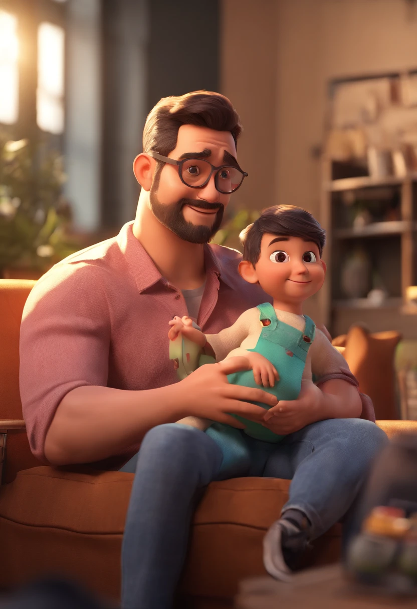 Estilo Pixar: Adult man is holding his 9-month-old son on his lap