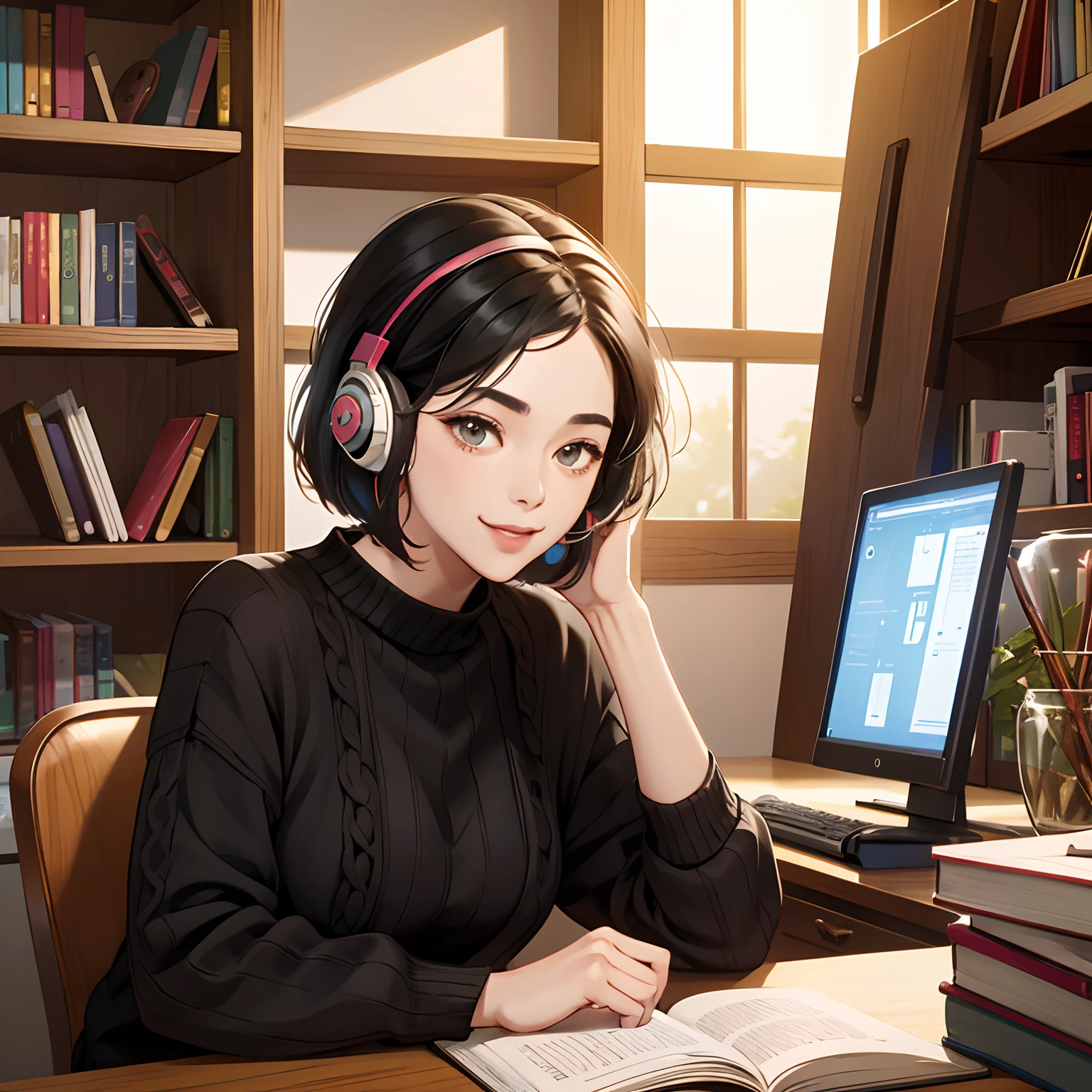 Smiling middle-aged woman with black hair and medium bob in a knitted sweater in front of her desk、30-years old、Narrow hanging eyes、No bangs、headphones、Stranger、bookcase、Zoom Out 1.5x