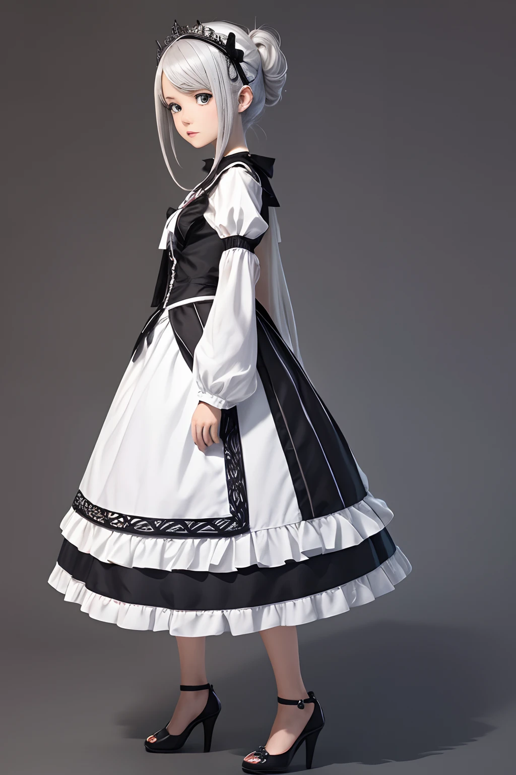 ((masutepiece)), (Highest Quality))), (CharacterDesignSheet, National Costume, Same character, front, Side, Back), Illustration, 1 girl, Full body, Silver hair, Eye hair, Beautiful eyes, Princess Cut, environment change scene, Short skirt, Shyness, Woman, girl, Standing, Gothic lolita, v tuber, Charter Betarola, (Simple background, White background: 1.3) ( masutepiece:1.2), (Best Quality:1.3)