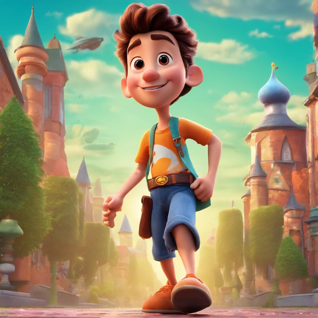 create a 3D movie poster inspired by Disney Pixar, The scene should be in Pixar's signature digital art style, com um menino moreno de cabelo cacheado curto estilo americano,