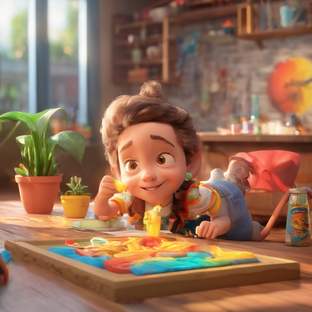 create a 3D movie poster inspired by Disney Pixar, The scene should be in Pixar's signature digital art style, com um menino moreno de cabelo cacheado curto estilo americano,