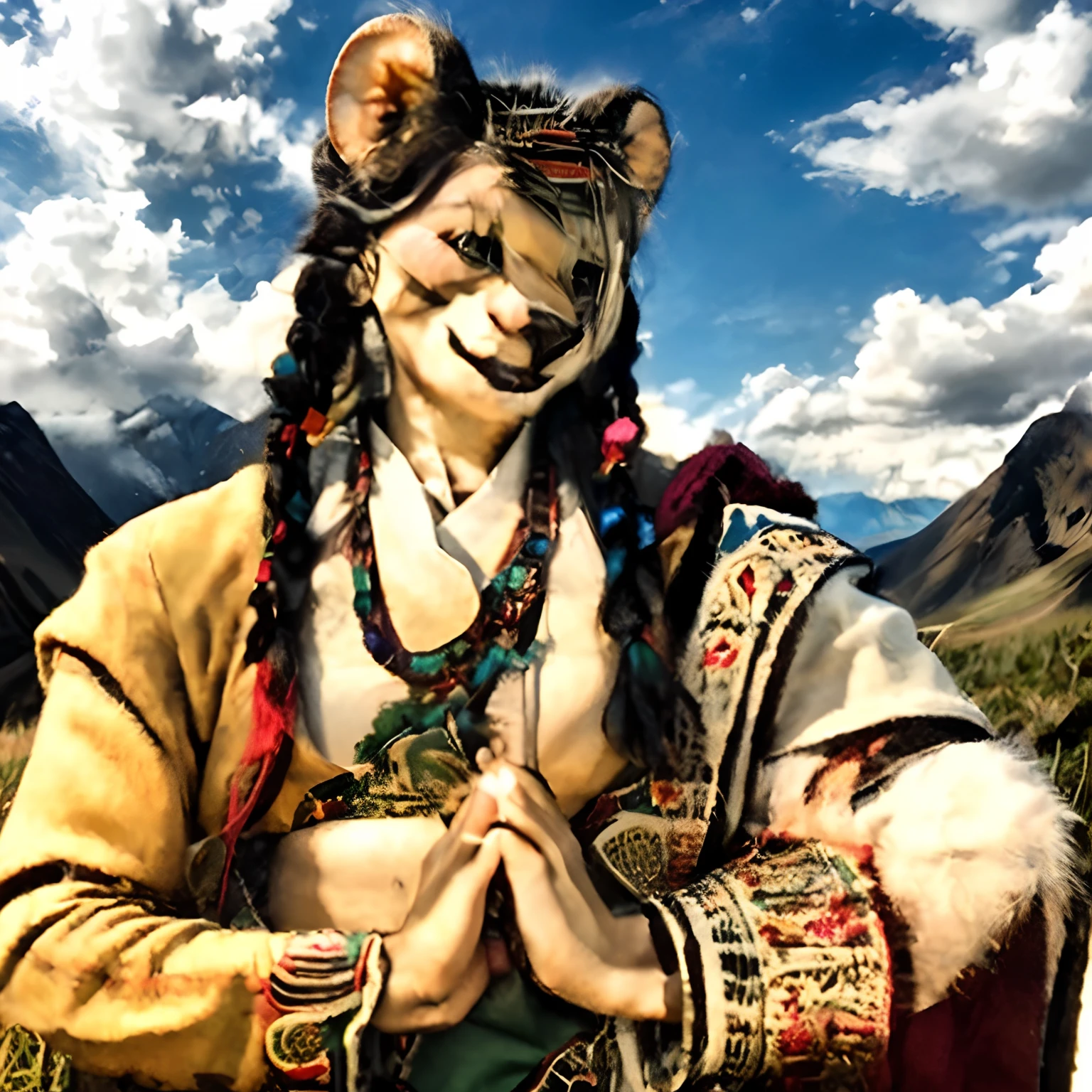 (masterpiece), (best_quality), female green mongoose, sky, Grassland, Namaste, tibet clothes