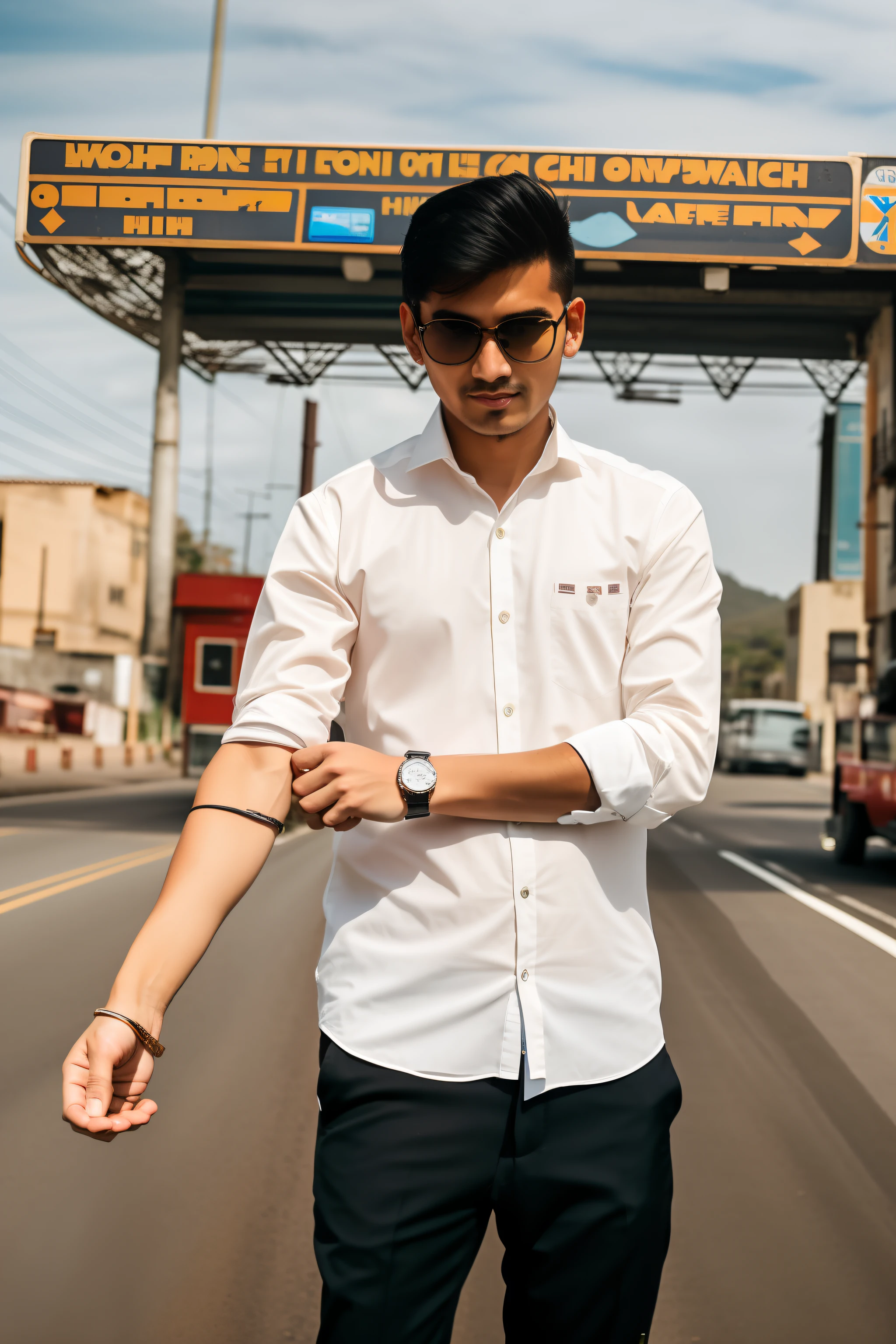 there is a man standing in the middle of the road with his watch on, taken with sony alpha 9, standing in road, candid picture, very accurate photo, full body photogenic shot, stylish pose, wearing in shirt, with a cool pose, vastayan, shot on sony a 7, taken with sony a7r camera, accurate depiction