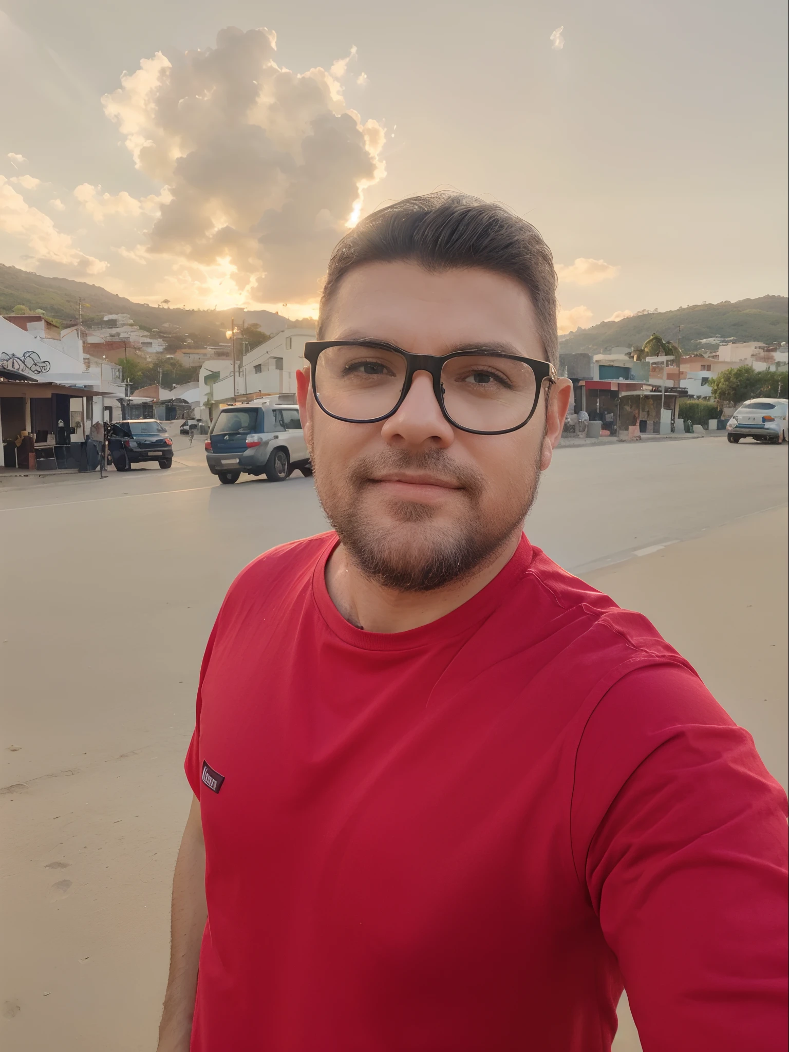 "(best quality,ultra-detalhado,Realistic:1.37),3D rendering,design de personagens,cabelos curtos e lisos escuros,belos olhos detalhados,wearing prescription glasses,Estilo Pixar, homem branco, na cidade com montanhas,atmosfera animada,vivid colors,luzes do por do sol,expression joyful"