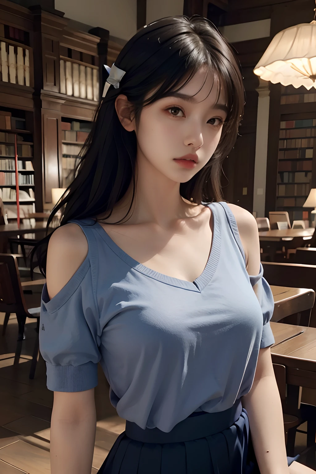 1girl,solo,(lshort-sleeved JK_sailor),JK_style,(dark blue JK_skirt),(bow JK_tie),(Inside the library:1.2),realistic,fully body,black hair,long hair,black eyes,lips,parted lips,collarbone,bare shoulders,portrait,nose,Best quality,masterpiece,ultra high res,(photorealistic:1.4),raw photo,  