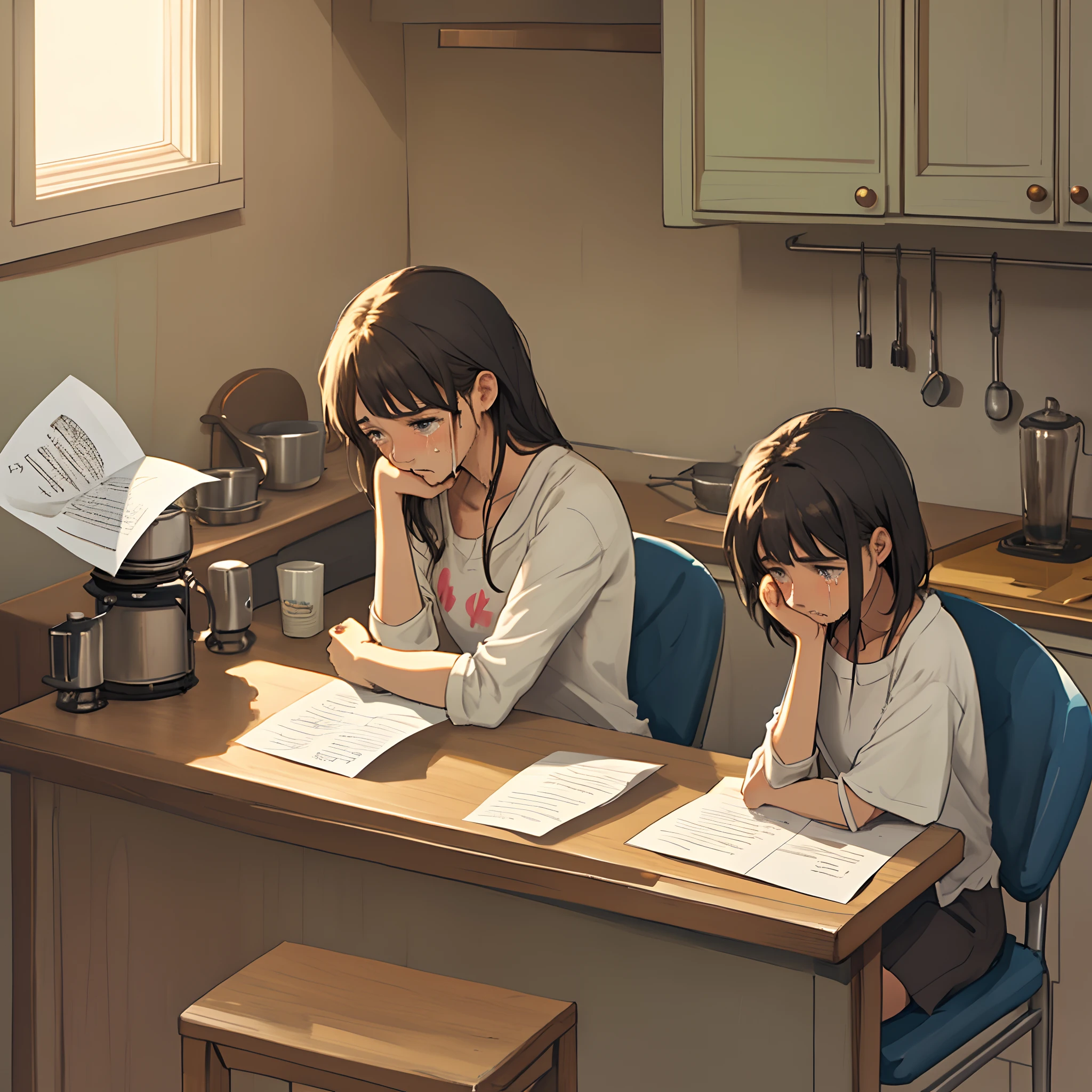 Sad girls sitting alone on the chair and hold the paper on the desk in kitchen room she look worry she crying