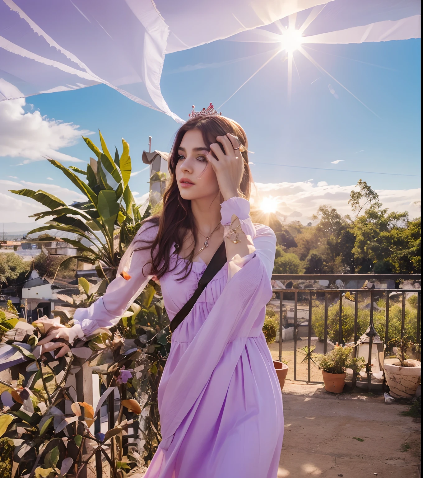 Godness, pretty girl, young girl, clean skin ,real face , face not change , add a pretty crown ,princess, add jewellery, attentive, royal, dress black and red , hair purple pink, background: sky blue , sun, awesome.