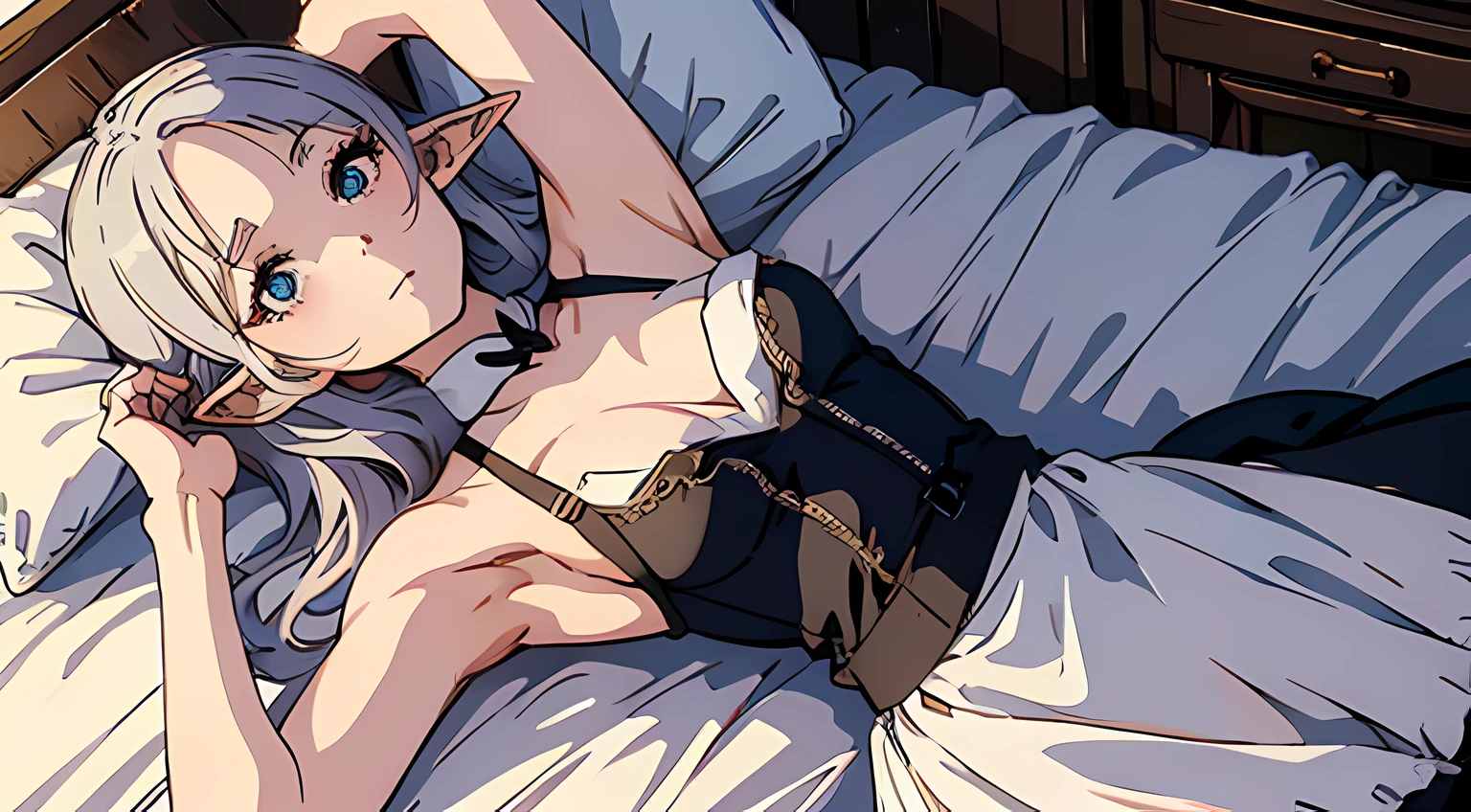 elf girl, wearing maid outfit with long skirt, lie down in bed, bedroom Lie on the bed with her hands up, Exposing the armpits, Angle from above