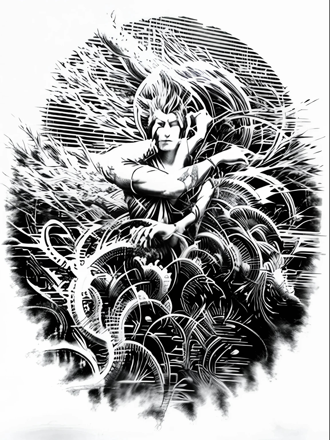 A man stands on top of a hill looking out over the valley, a wanderer on a mountain, pen - and - ink illustration, pen and ink illustration, beautiful high contrast woodcut, High contrast wood carving, carved wood, pen and ink illustration, naturalist illustration, author:Rockwell Kent, vignette illustration, perfect pen and ink line art
