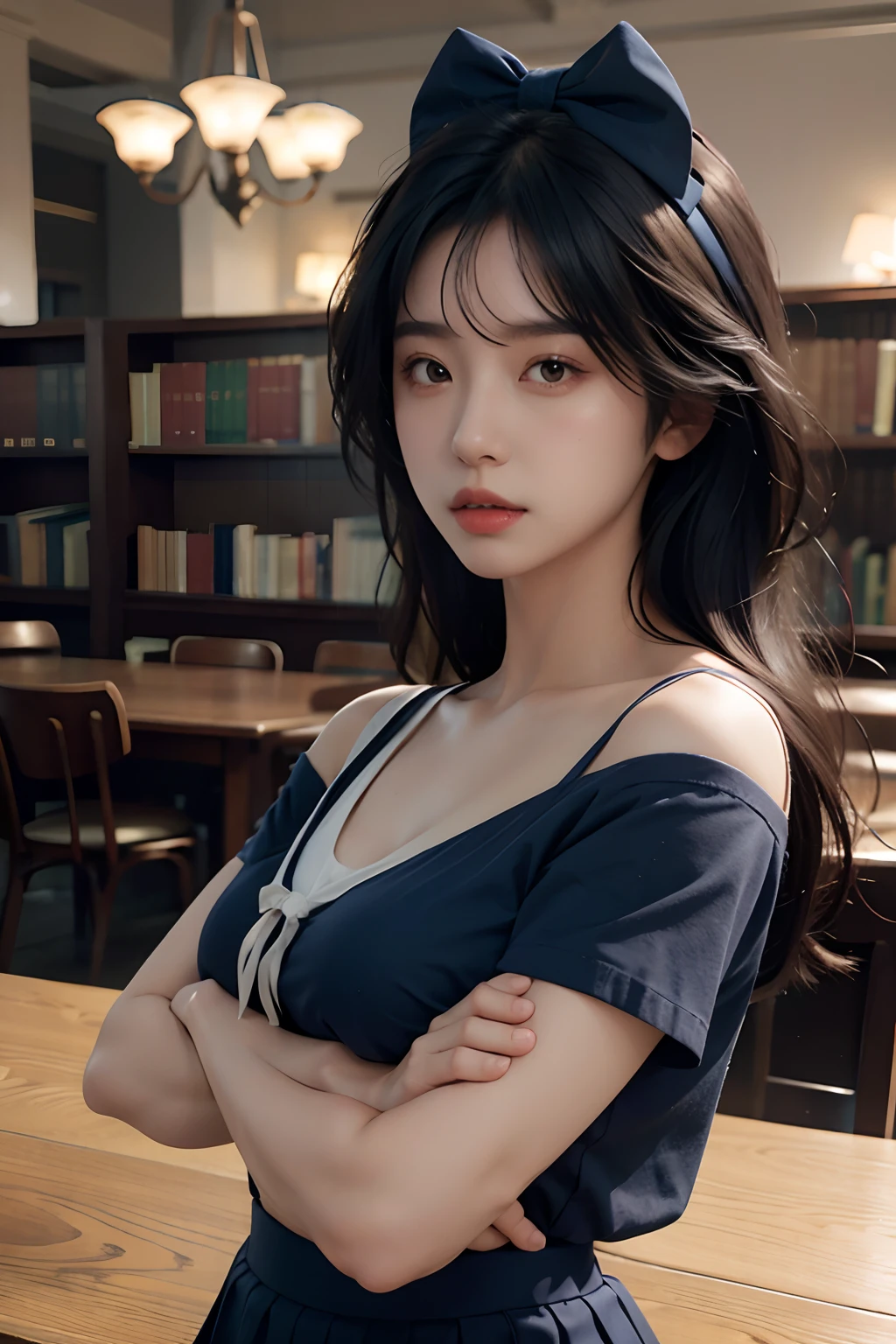 1girl,solo,(lshort-sleeved JK_sailor),JK_style,(dark blue JK_skirt),(bow JK_tie),(Inside the library:1.2),realistic,fully body,black hair,long hair,black eyes,lips,parted lips,collarbone,bare shoulders,portrait,nose,Best quality,masterpiece,ultra high res,(photorealistic:1.4),raw photo,