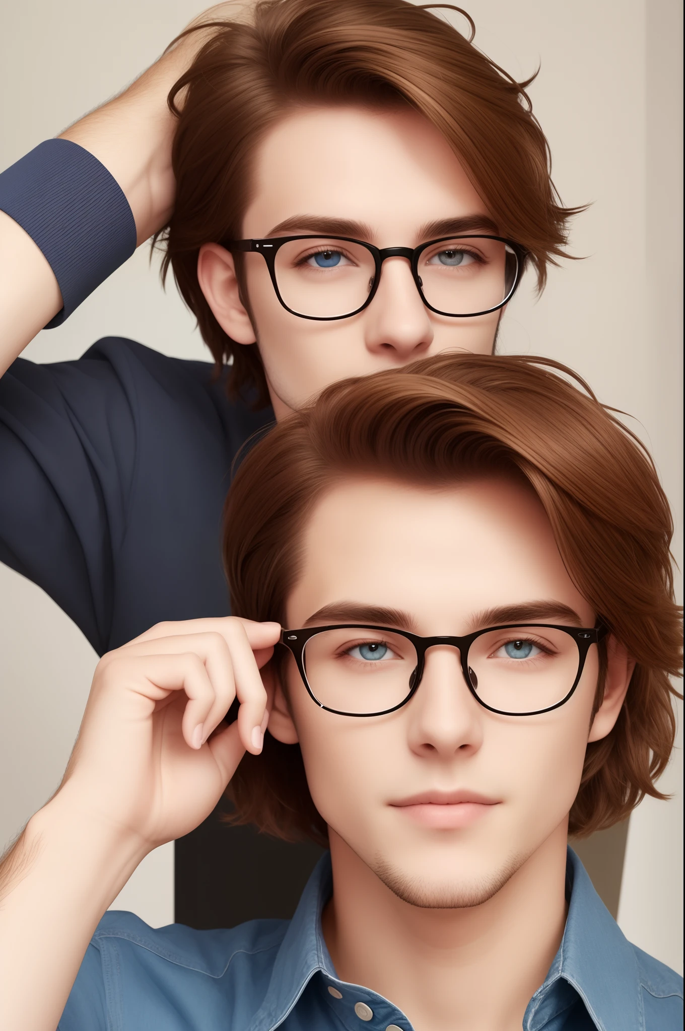 White guy with brown hair and clear glasses