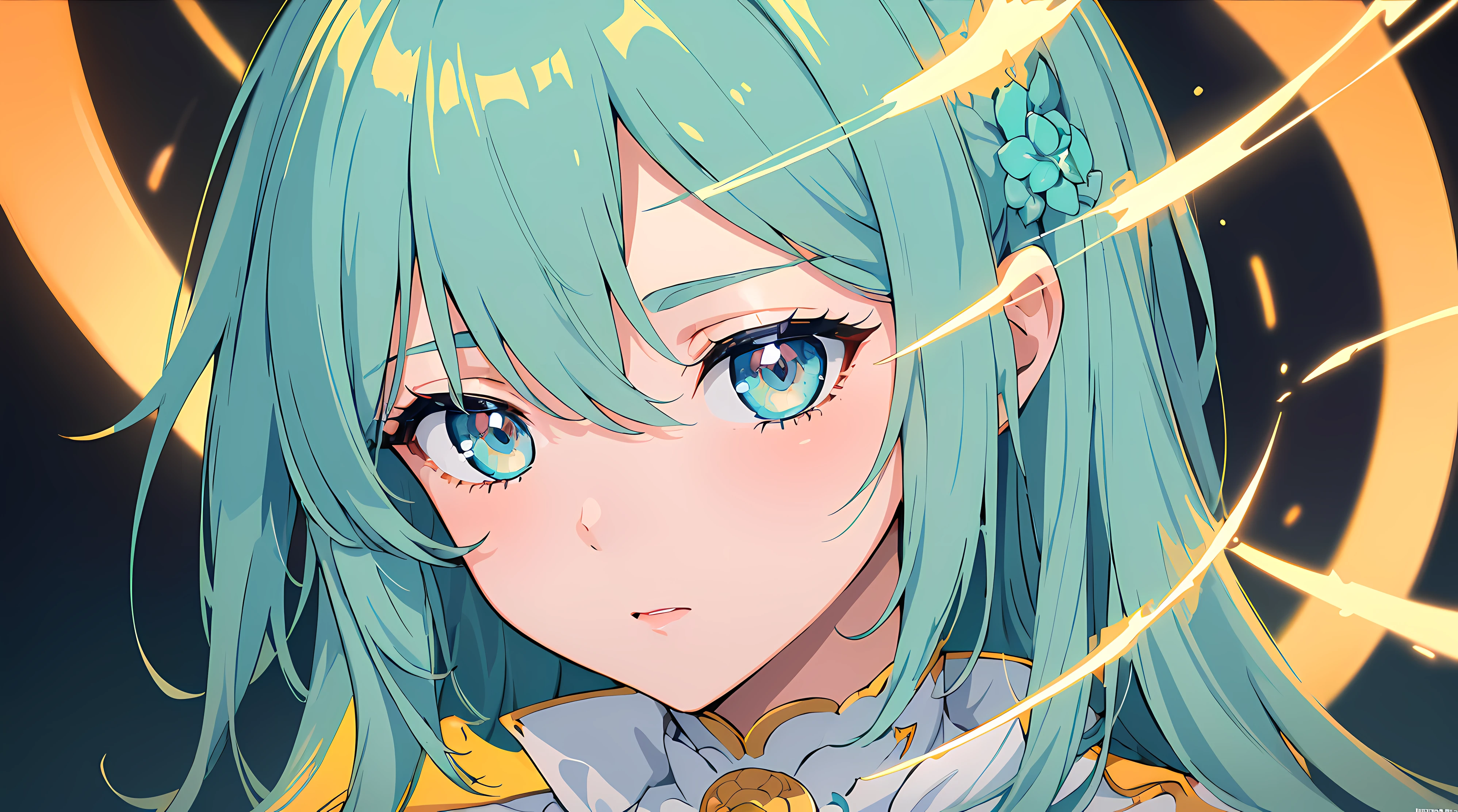 (masterpiece. best quality.) ultra-detailed. glistening shiny. glowing light.HDR. deph of field.(perfect face. detailed face, detailed eyes). Yuzu, Versace baroque, girl, transcendental, beautiful eyes, aqua hair, bokeh, (cinematic, dark orange and white film), (muted colors, dim colors, soothing tones:1.3)