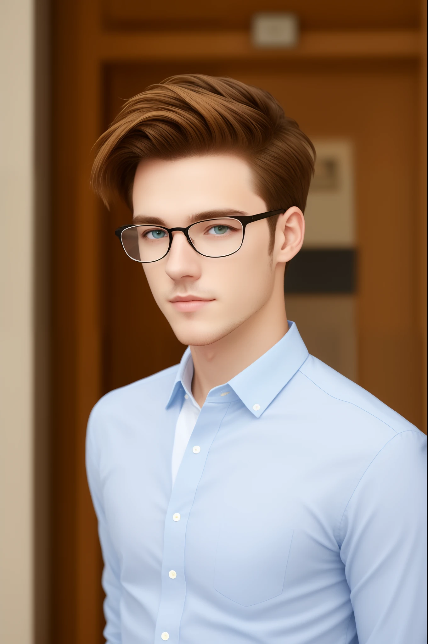 White guy with brown hair and clear glasses