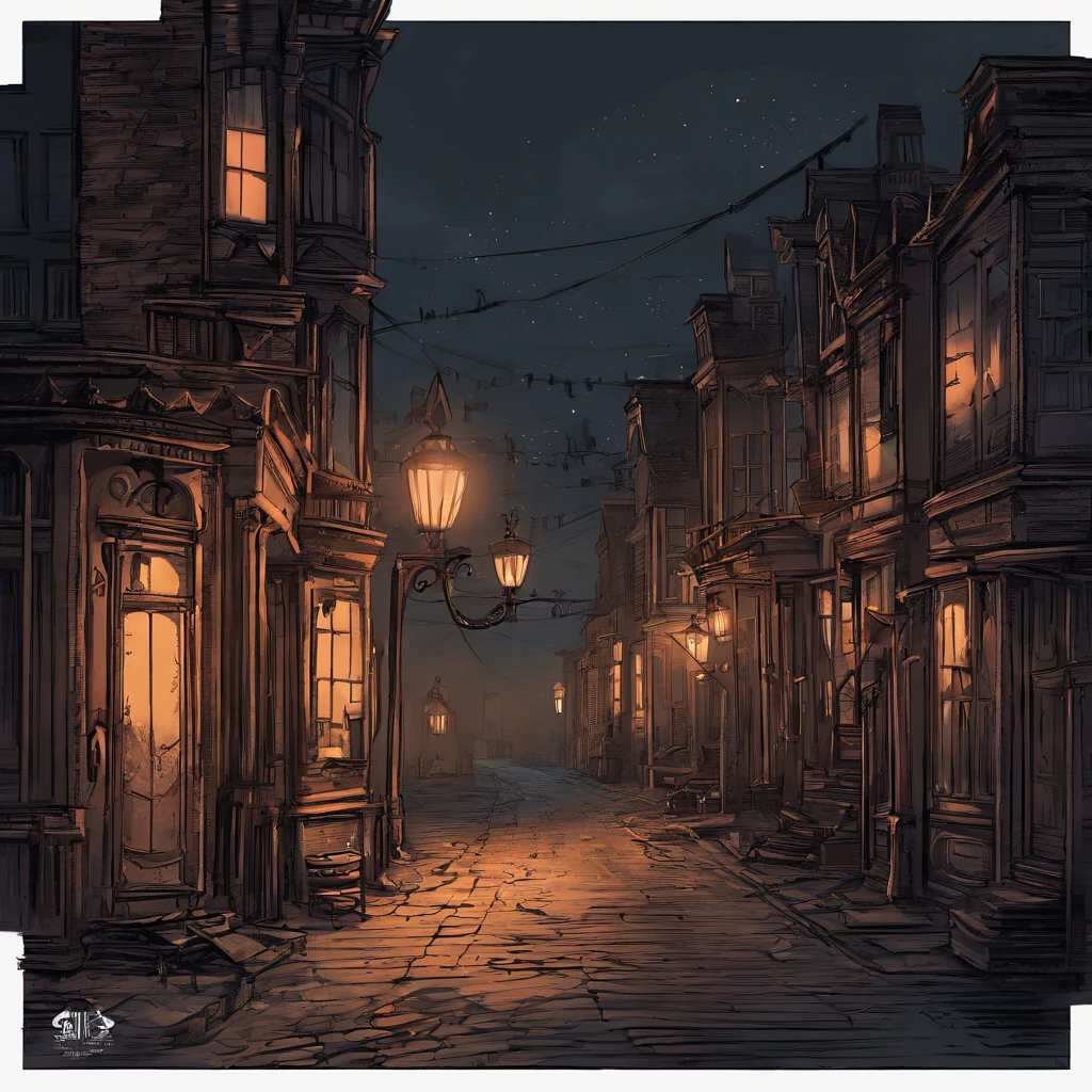 Victorian street, candle lit streetlights,Messy items,darkly,Spooky environment