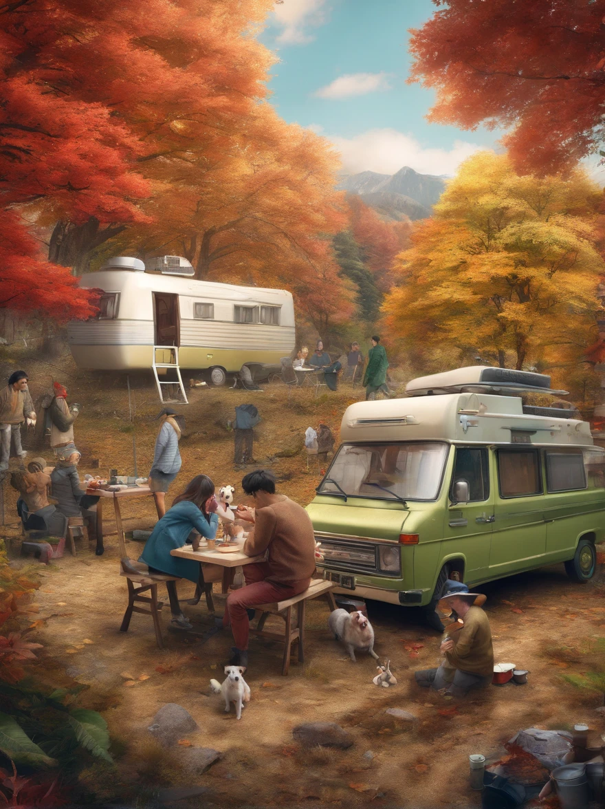 A place with red, yellow, and green autumn leaves, Japanese people, four adults drinking coffee around a simple table, children and dogs hiking in the background, outdoors, camper van, multi-person camping, solo camping, bonfire, chatting, having fun I'm here. Smile, highest quality, 8K, masterpiece, highest quality, super resolution, 8k portrait, Unity 8k wallpaper, 8k portrait, watercolor, masterpiece