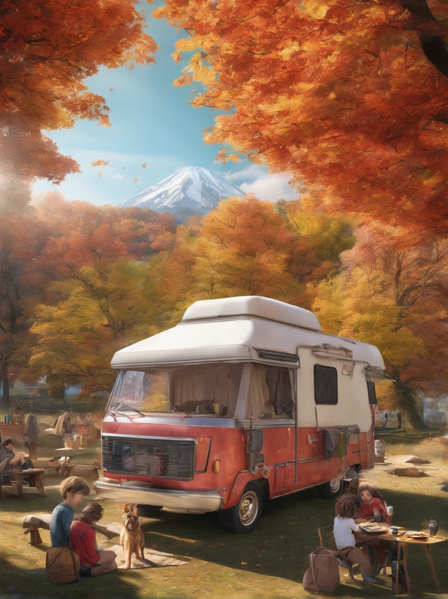 A place with red, yellow, and green autumn leaves, Japanese people, four adults drinking coffee around a simple table, children and dogs hiking in the background, outdoors, camper van, multi-person camping, solo camping, bonfire, chatting, having fun I'm here. Smile, highest quality, 8K, masterpiece, highest quality, super resolution, 8k portrait, Unity 8k wallpaper, 8k portrait, watercolor, masterpiece