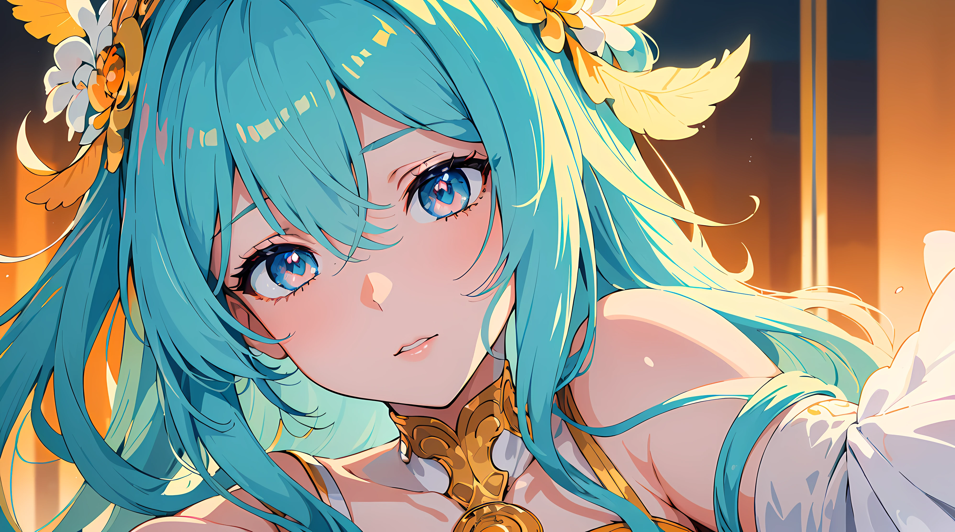 (masterpiece. best quality.) ultra-detailed. glistening shiny. glowing light.HDR. deph of field.(perfect face. detailed face, detailed eyes). Yuzu, Versace baroque, girl, transcendental, beautiful eyes, aqua hair, bokeh, (cinematic, dark orange and white film), (muted colors, dim colors, soothing tones:1.3)
